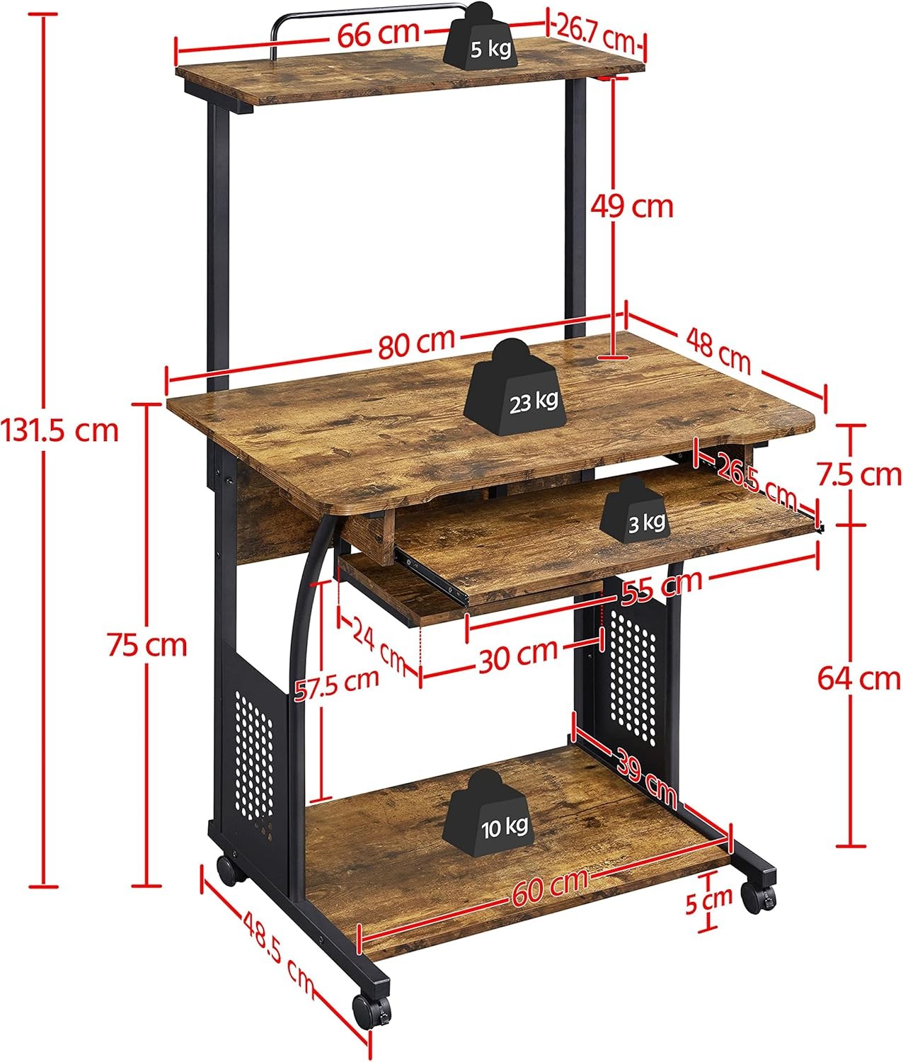 3 Tier Computer Desk with Printer Shelf Keyboard Tray Rolling Home