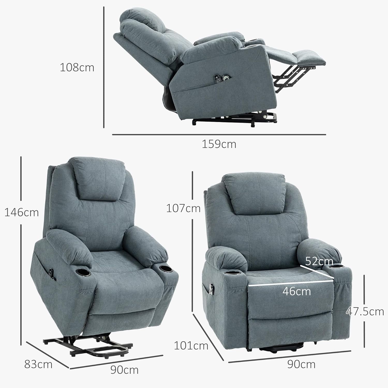 Charcoal Grey Riser Recliner Chair Massage Heat Lift Armchair with Cup Holders