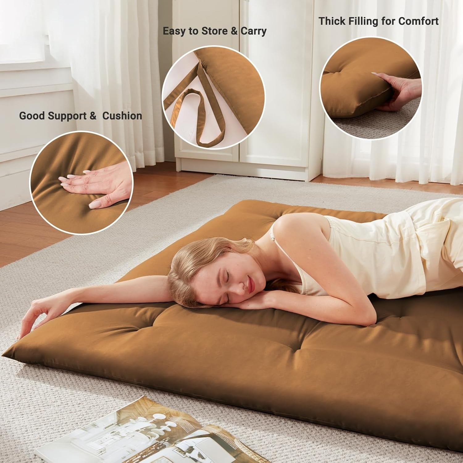 Brown Queen Futon Mattress 2.5" Foam Foldable Tatami Floor Bed Mat