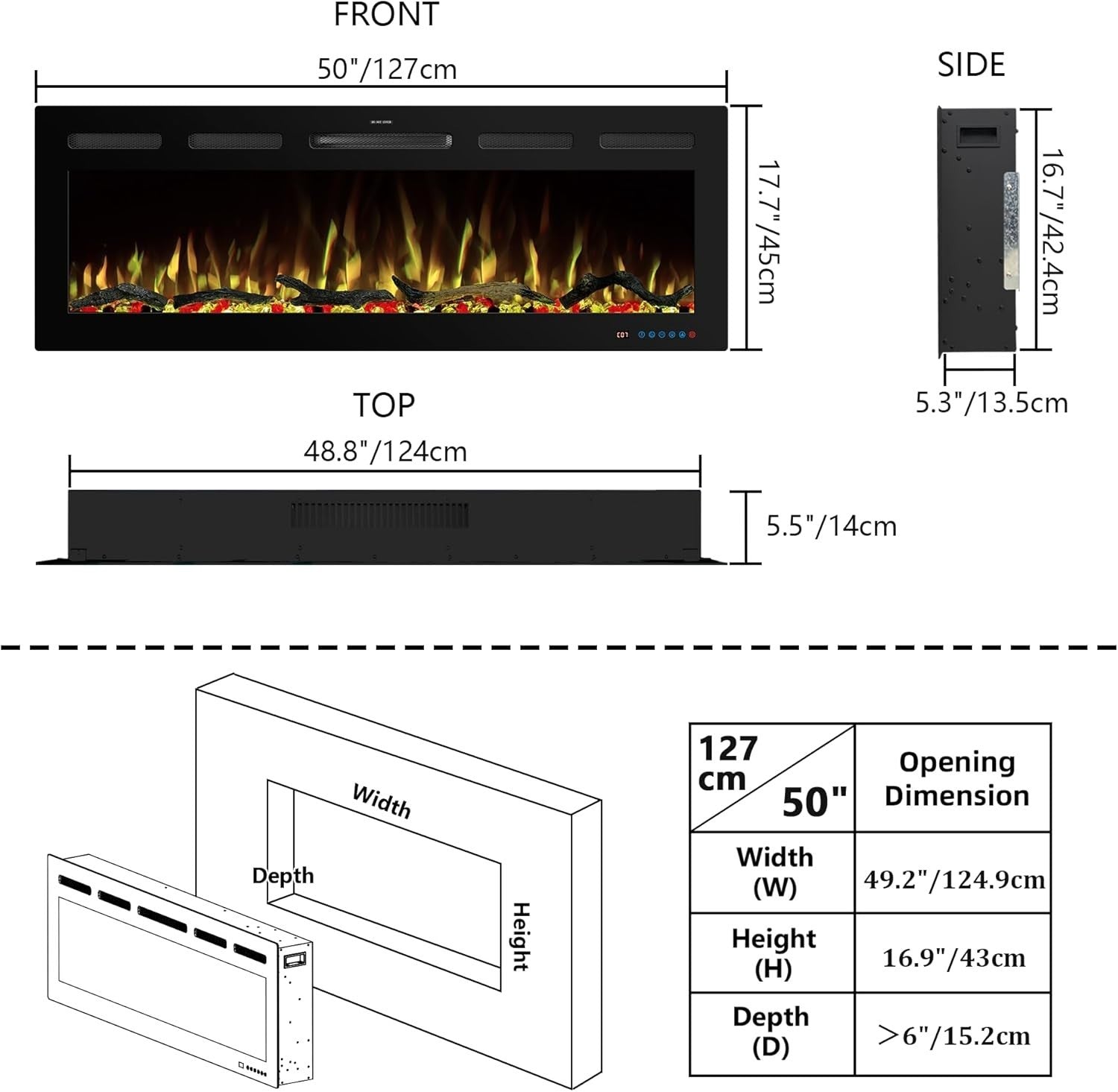 127cm WiFi Electric Fireplace Insert Recessed Wall Mount, Adjustable Flame
