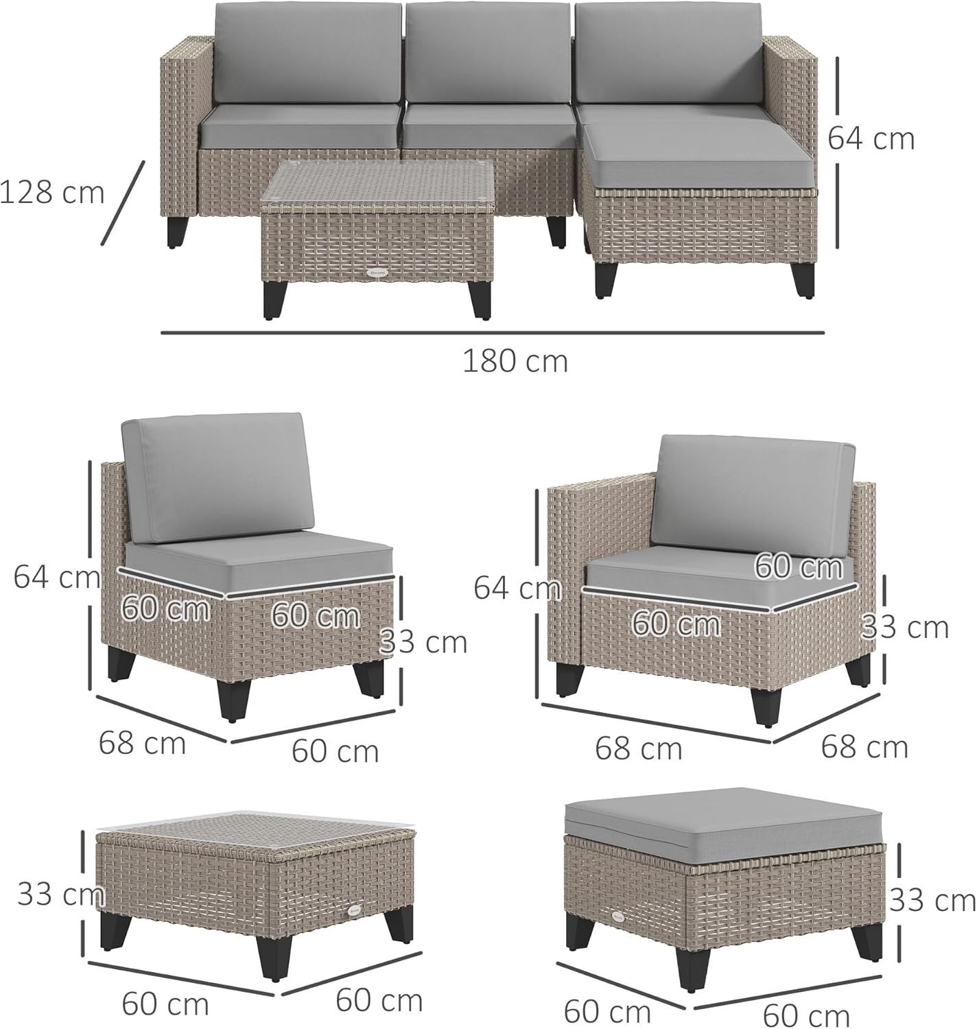 5-Piece Rattan Garden Sofa Set with Cushions & Glass Table, Seats 4 Brown