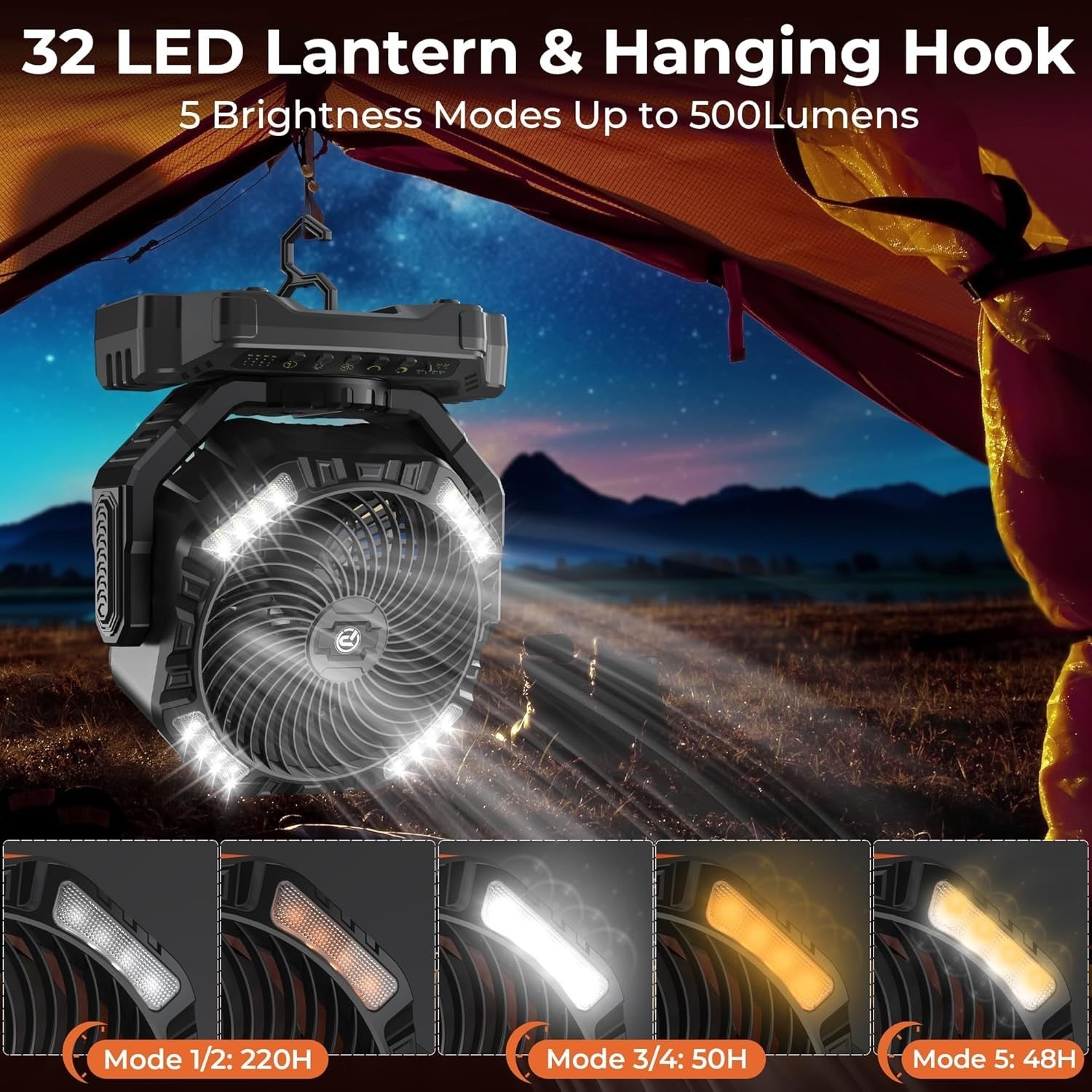 Portable Camping Fan – Long 40000mAh Rechargeable w LED Light Remote Timer Quiet