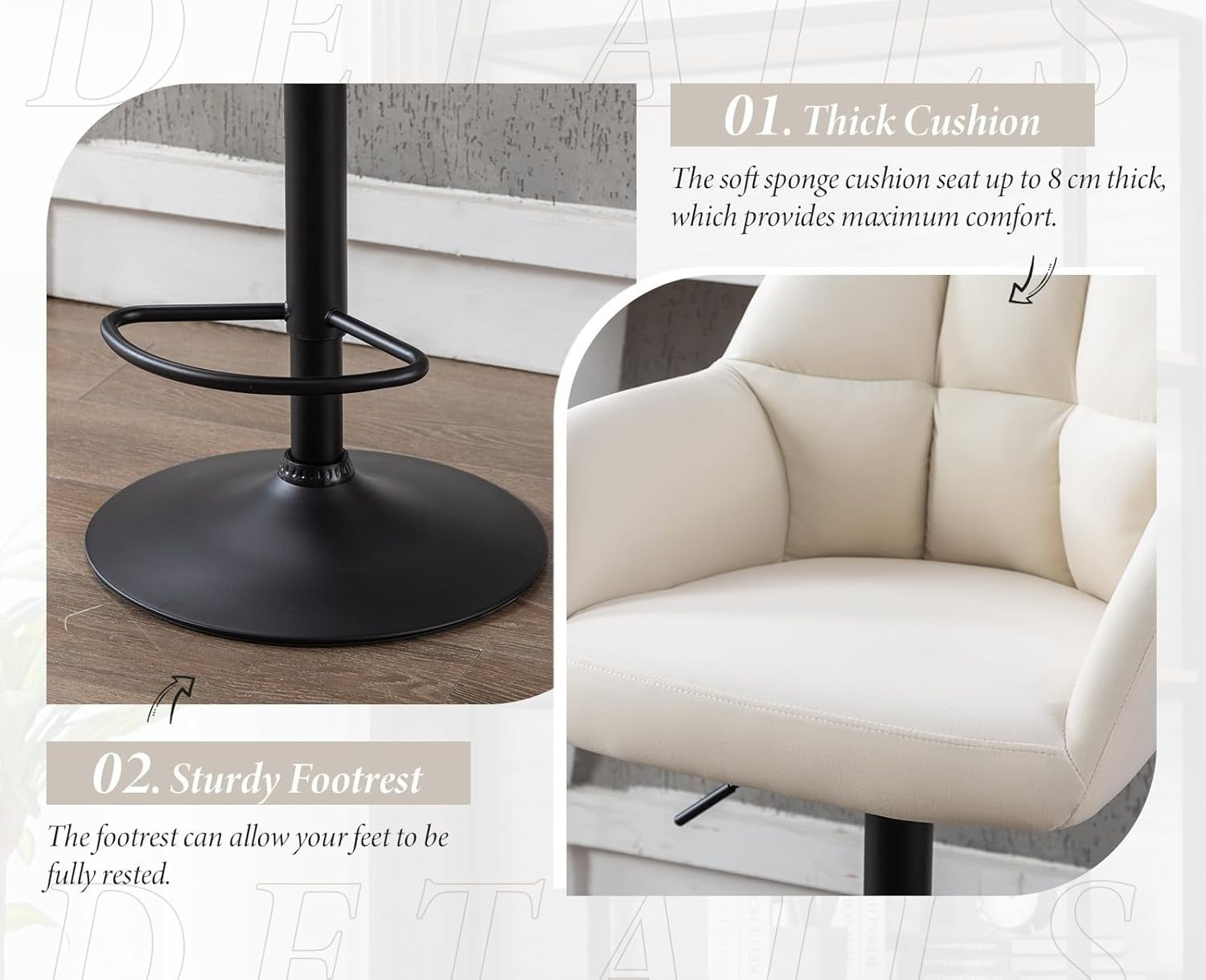 Adjustable Beige Velvet Bar Stools Set of 2 Swivel Kitchen Counter