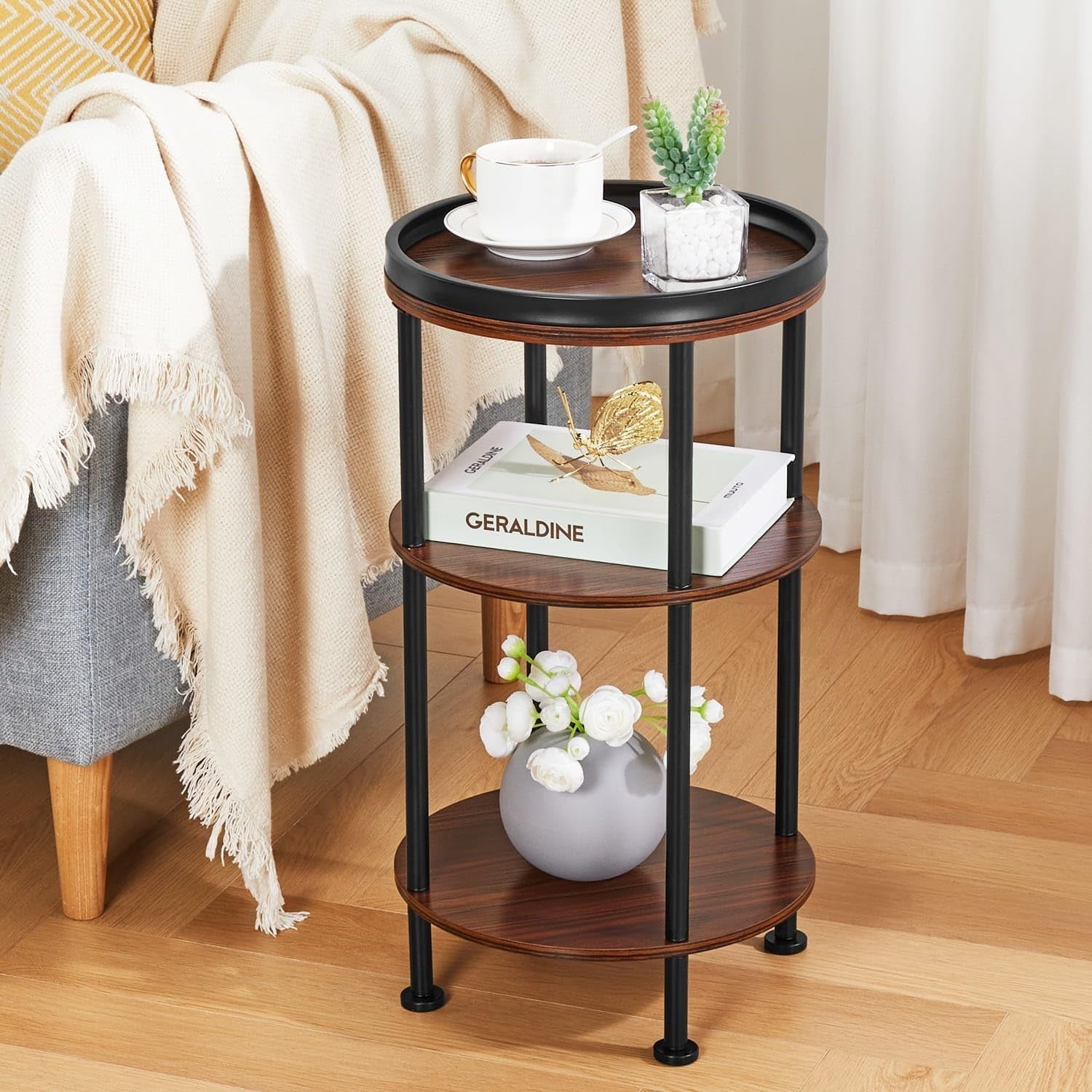 3 Tier Round Side Table with Storage Shelf Metal Frame Small Space Cherry 30x55