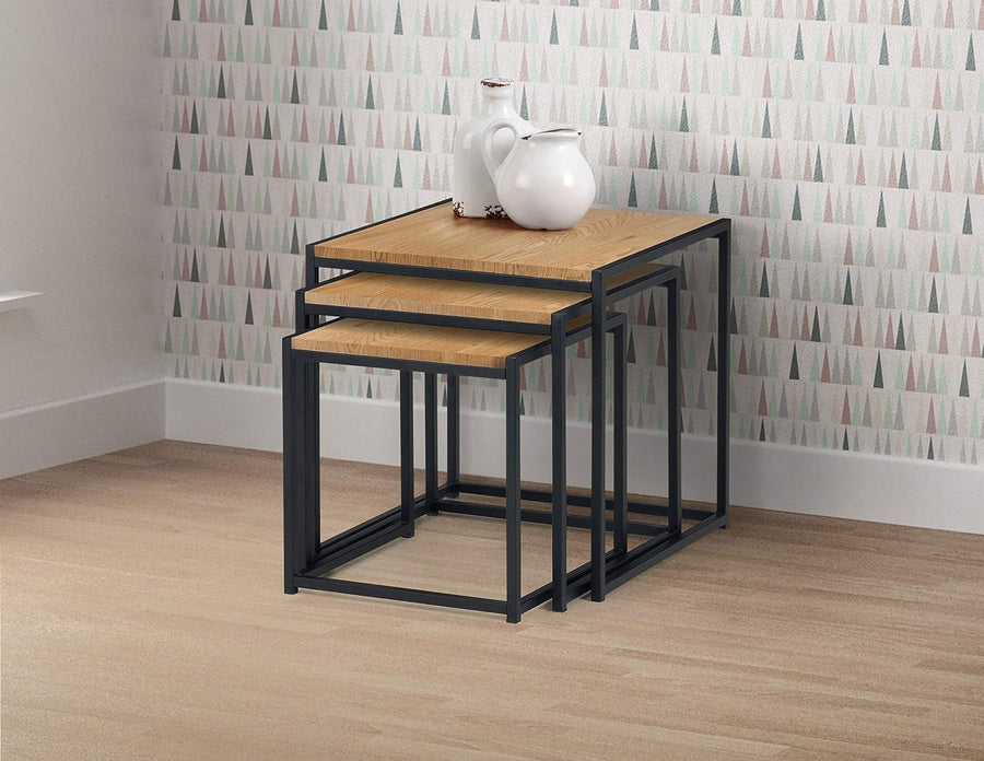 Space Saving Nesting Coffee Tables Set 3 Black Euro Oak Square Metal Frame