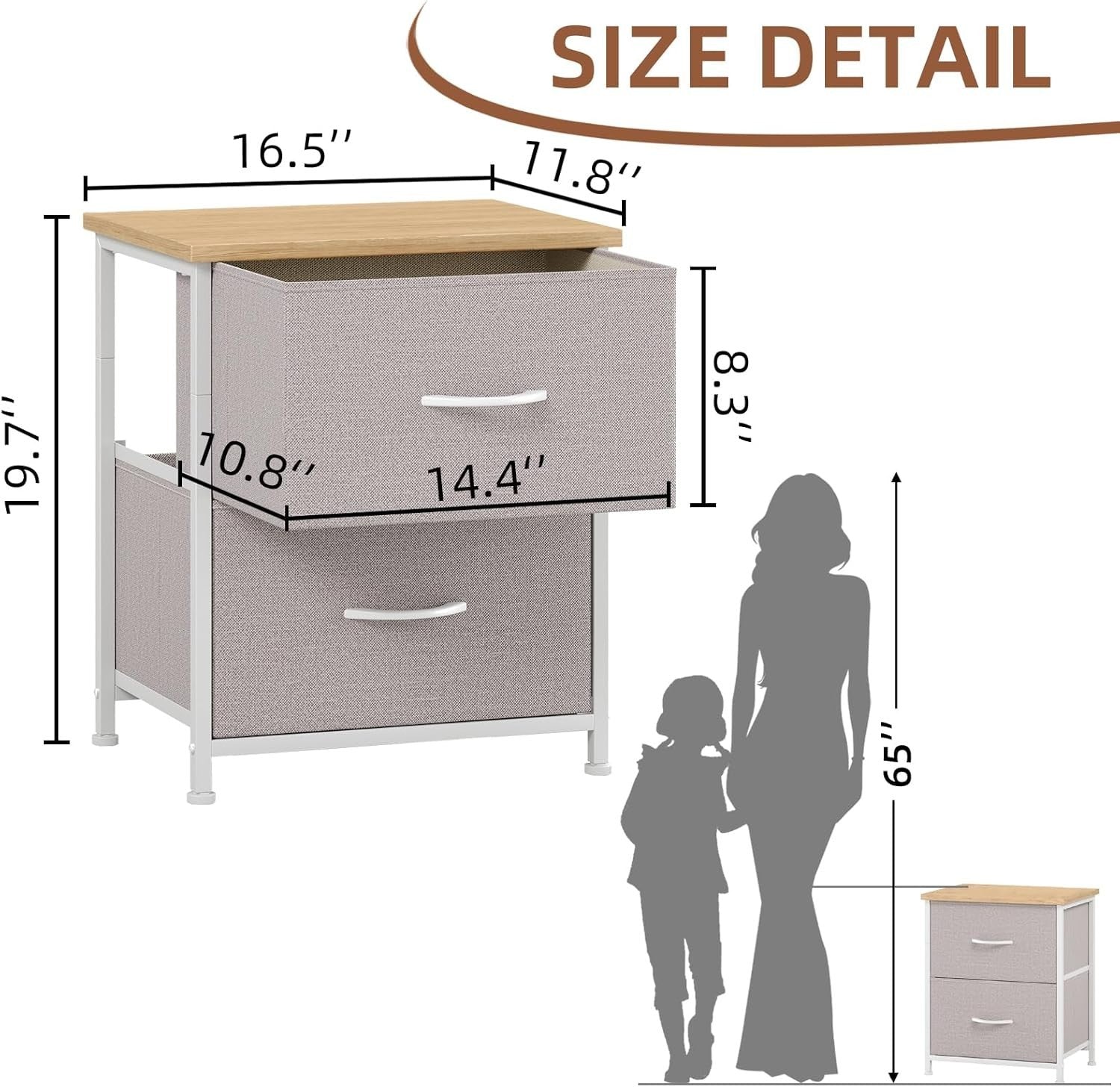 Modern Grey Bedside Tables Set of 2 with Fabric Drawers, Lightweight Cabinets