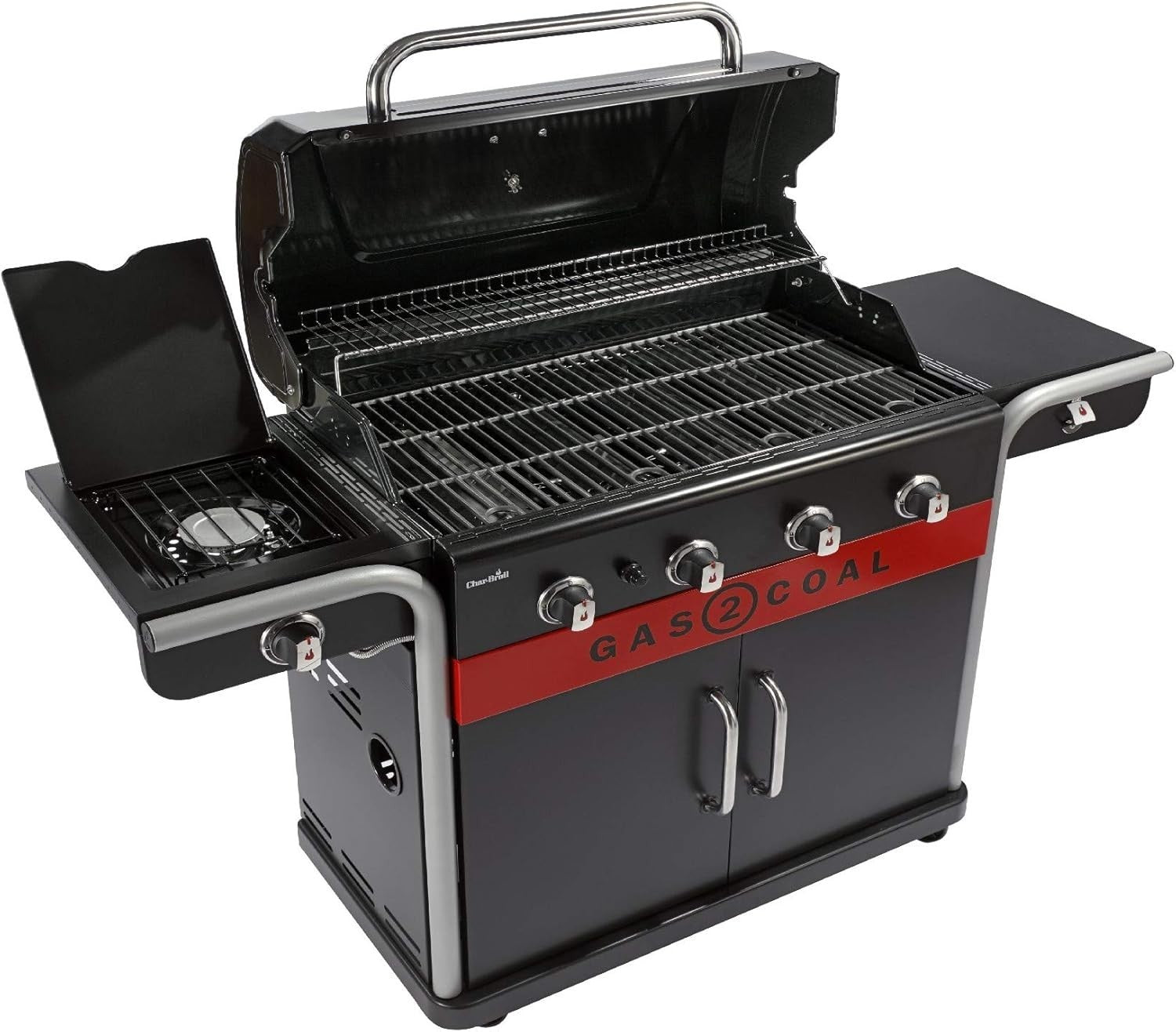 4 Burner Hybrid Gas Charcoal BBQ Grill Outdoor Family Barbecue with Side Shelves
