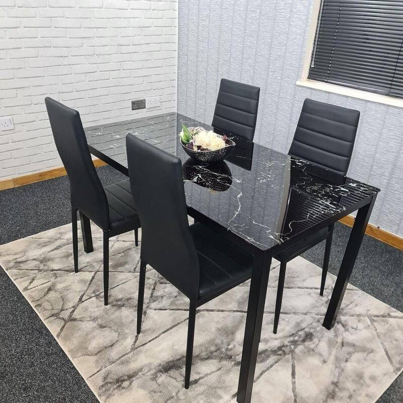 Black Glass Marble Dining Table Set with 4 Faux Leather Chairs Modern