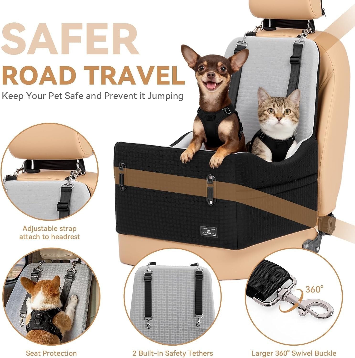 Dog Booster Car Seat 5in Foam Washable Travel Bed Dual Tethers 35lbs