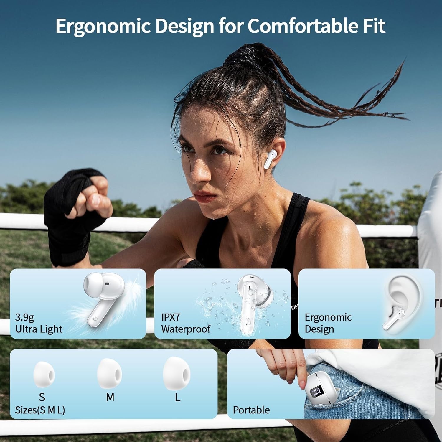 Wireless Bluetooth 5.4 Earbuds 46H ENC Noise Cancel Waterproof Earphones White