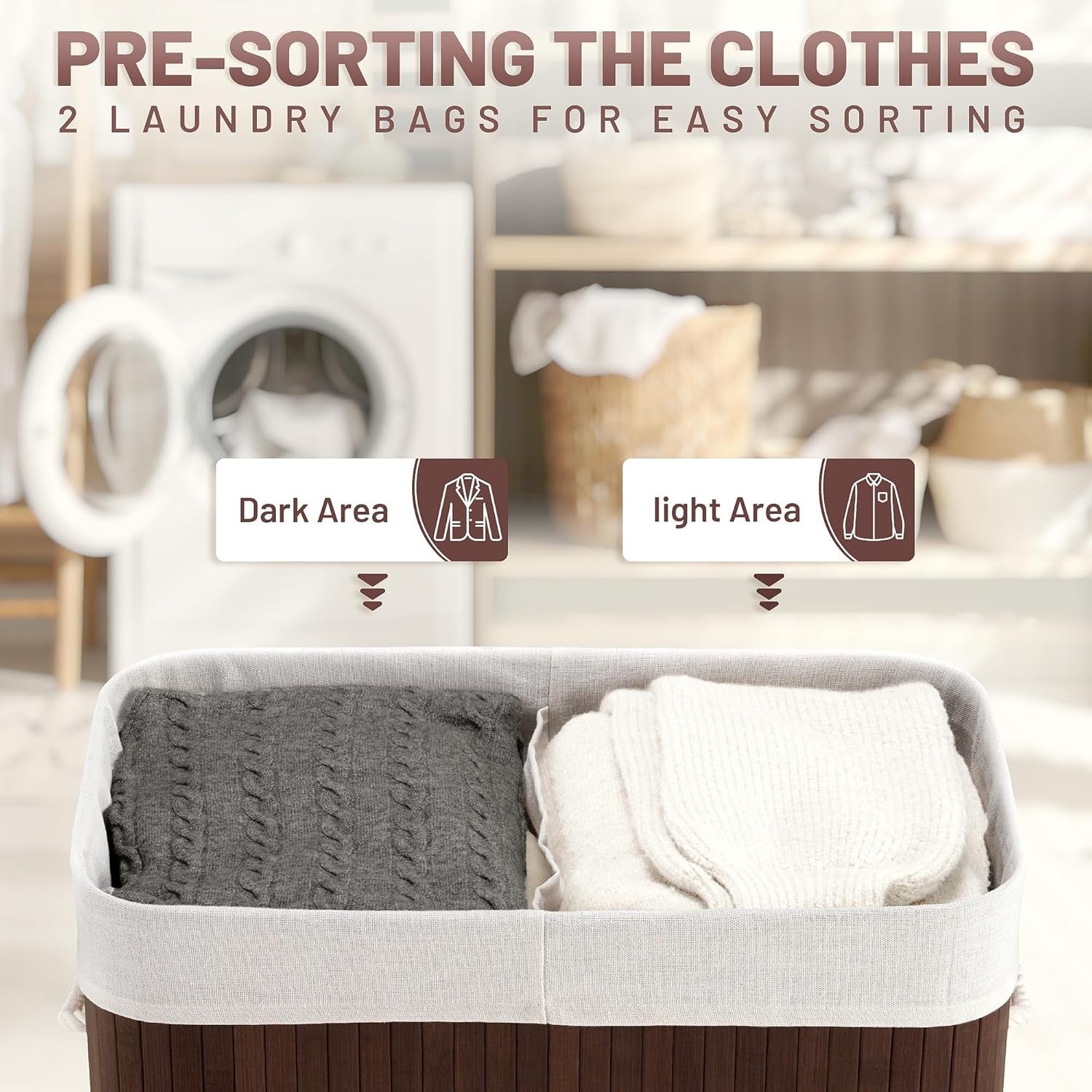 Large 100L Bamboo Laundry Hamper with Lid 2-Section Sorter Basket Brown