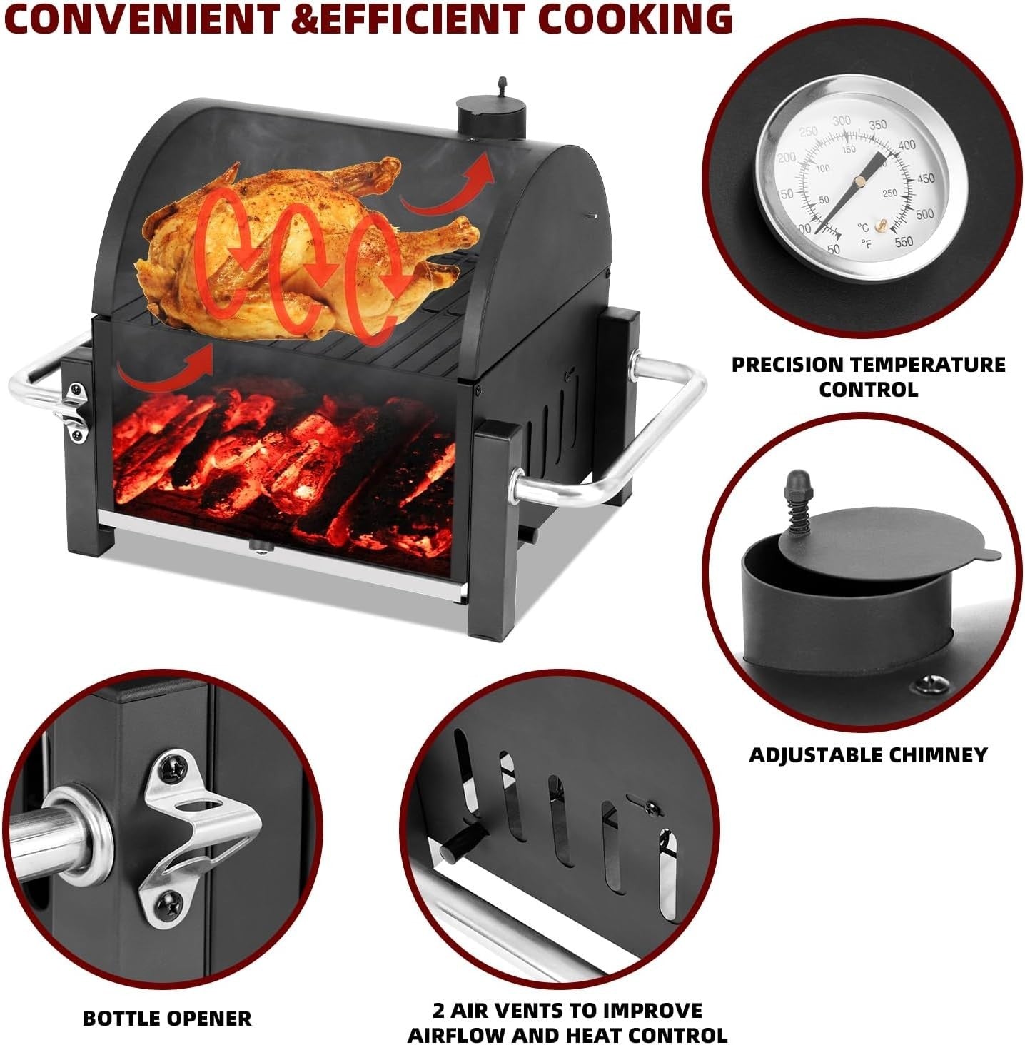 Portable Charcoal BBQ Grill with Chimney Lid & Thermometer for Camping & Patios