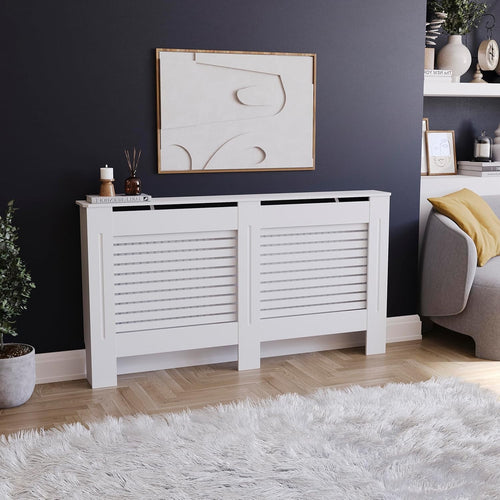 Large White Radiator Cover 152cm Modern MDF Heating Cabinet with Shelf