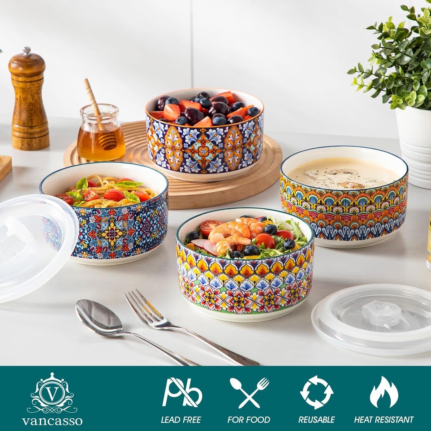 4 Ceramic Bowls with Lids 36oz Microwave & Dishwasher Safe