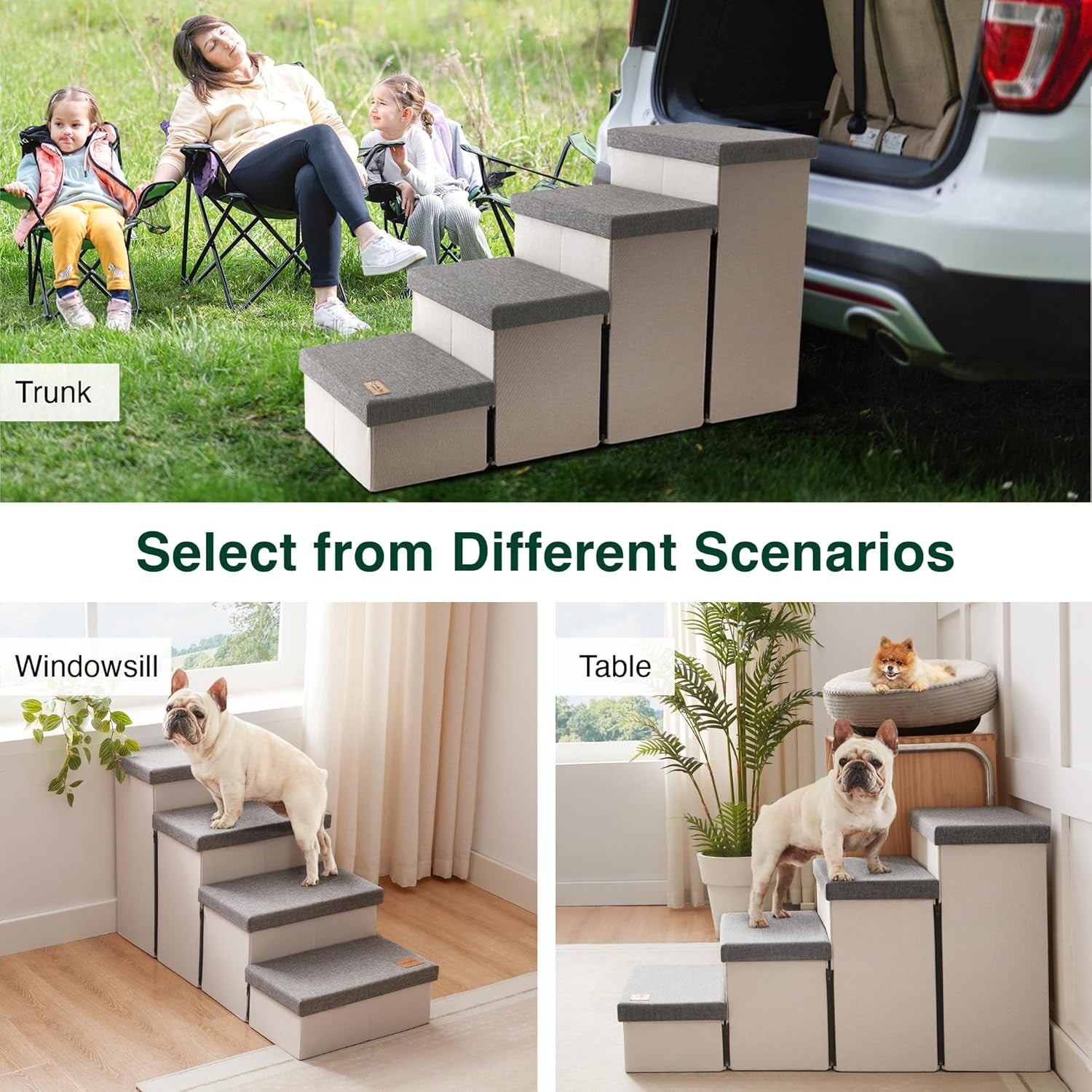 Dog Stairs 4 Step with Storage Foldable Pet Steps Light Grey 200lb