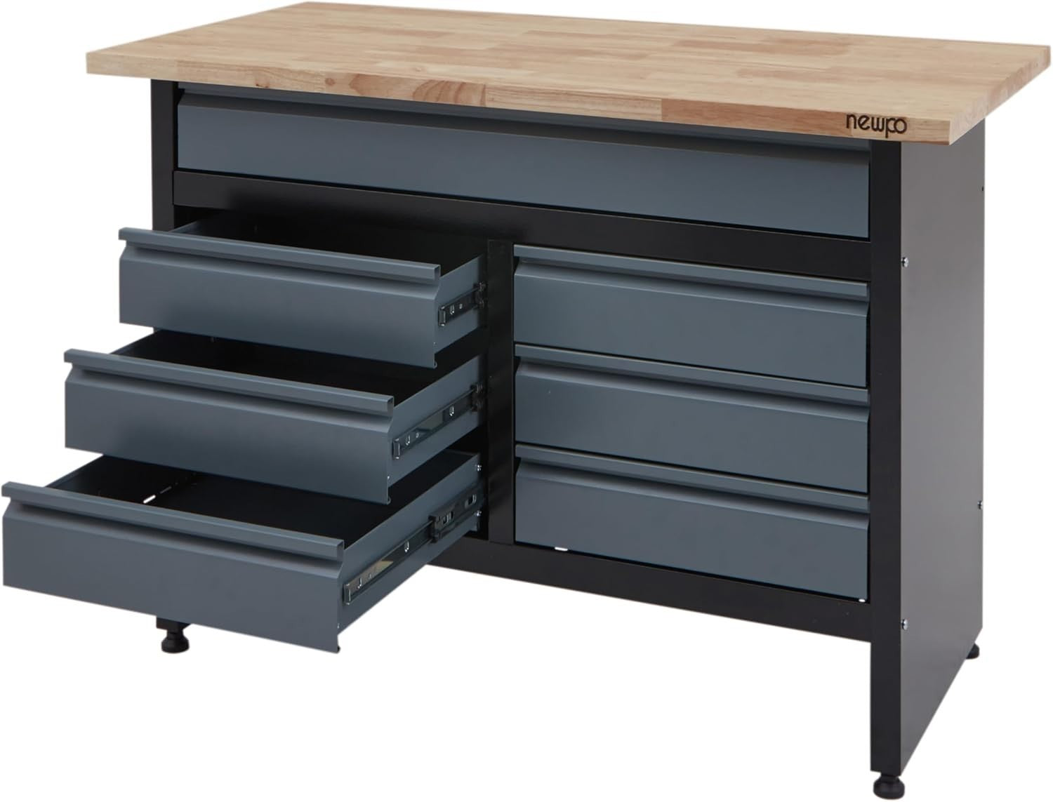 120cm Garage Workbench with 7 Drawers 300kg Load Solid Wood Top Black/Grey
