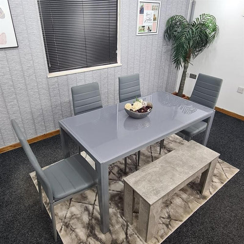 Grey Glass Dining Table Set 6 Seater with 4 Chairs & Bench for Kitchen
