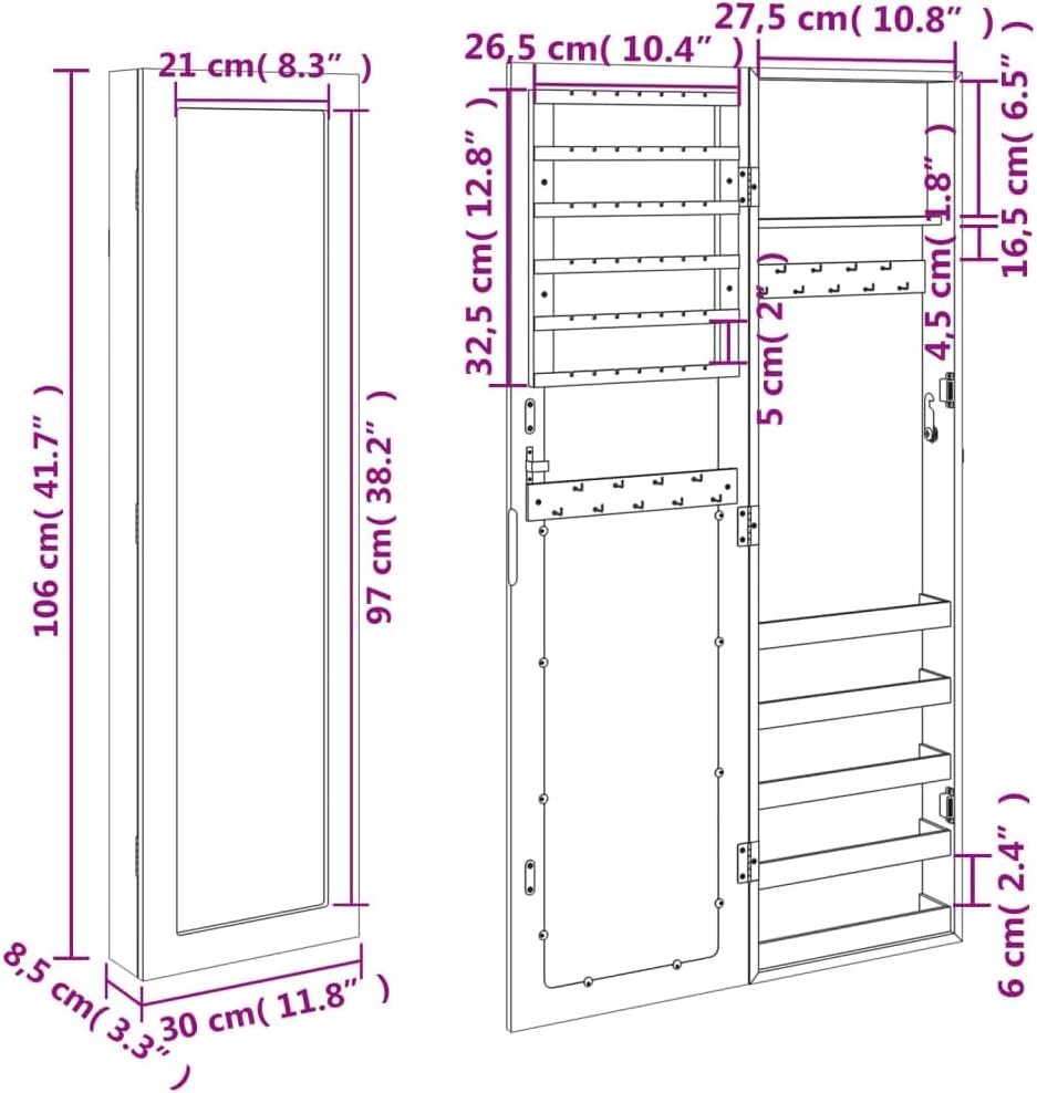 Slim Wall Mounted Jewelry Cabinet Mirror Lockable Vertical Storage White