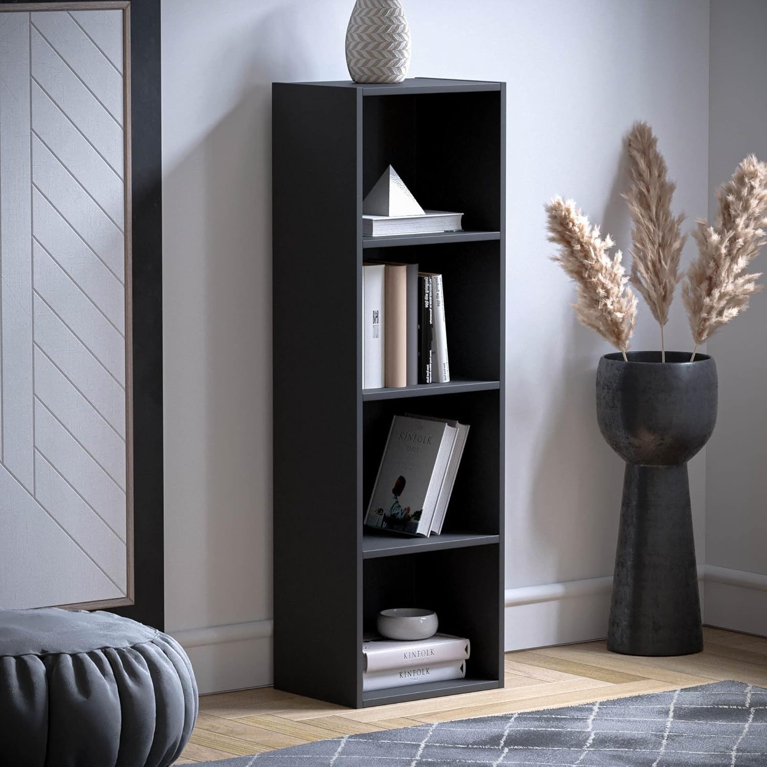 4 Tier Black Wooden Cube Bookcase Small Storage Shelf for Living Room Office