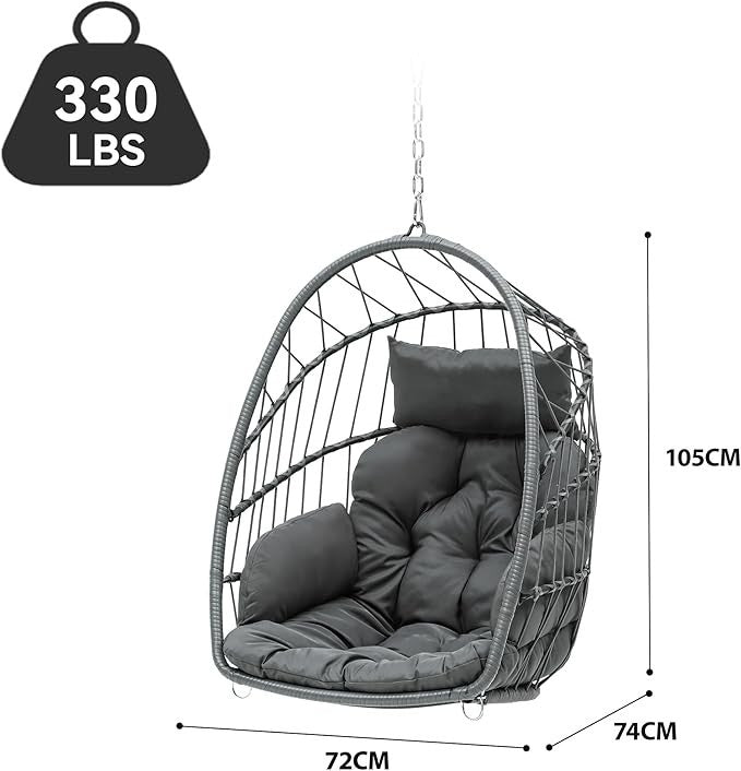 Hanging Egg Chair with Cushions Indoor Outdoor Rattan Seat 105x74x72cm
