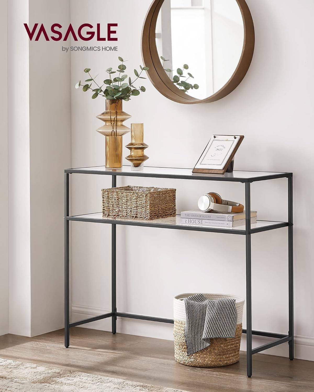 Console Table Black Metal Frame Tempered Glass | 2 Tier 35D x 100W x 80H cm