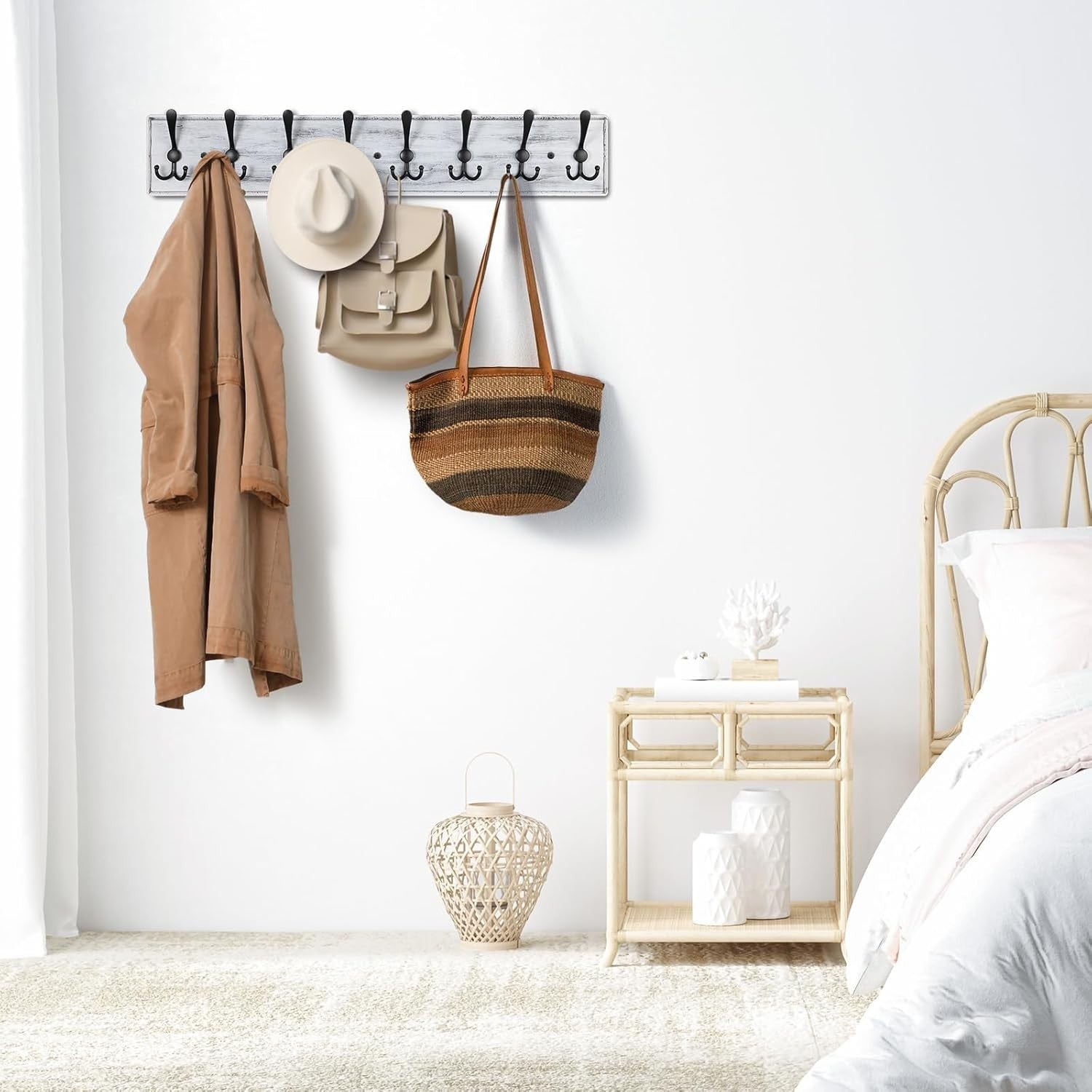 Grey Wooden Wall Mounted Coat Rack | 8 Hook Heavy Duty Hanger for Hallway