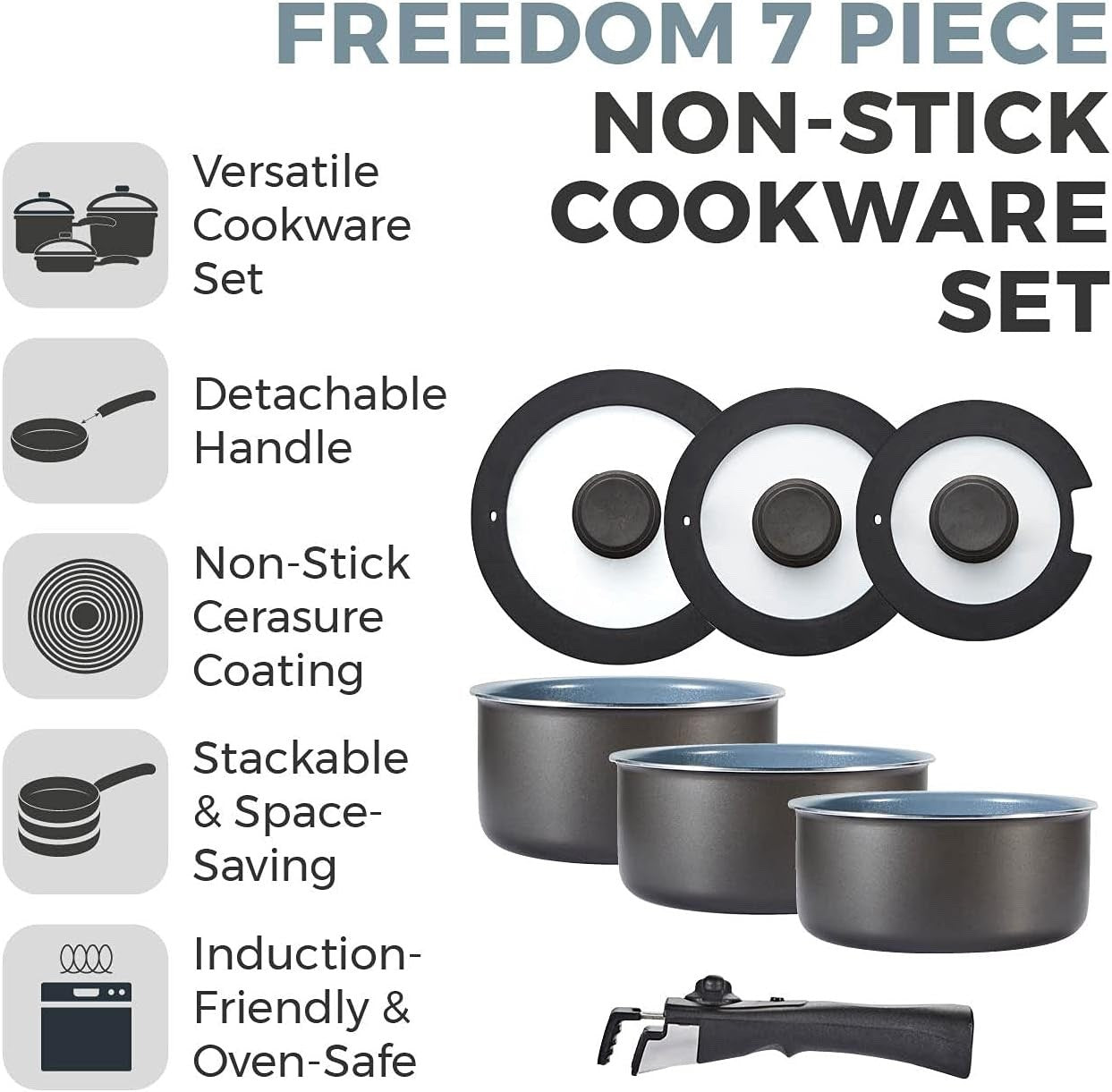 7pcs Ceramic Non-Stick Cookware Set – Stackable Pans with Detachable Handle
