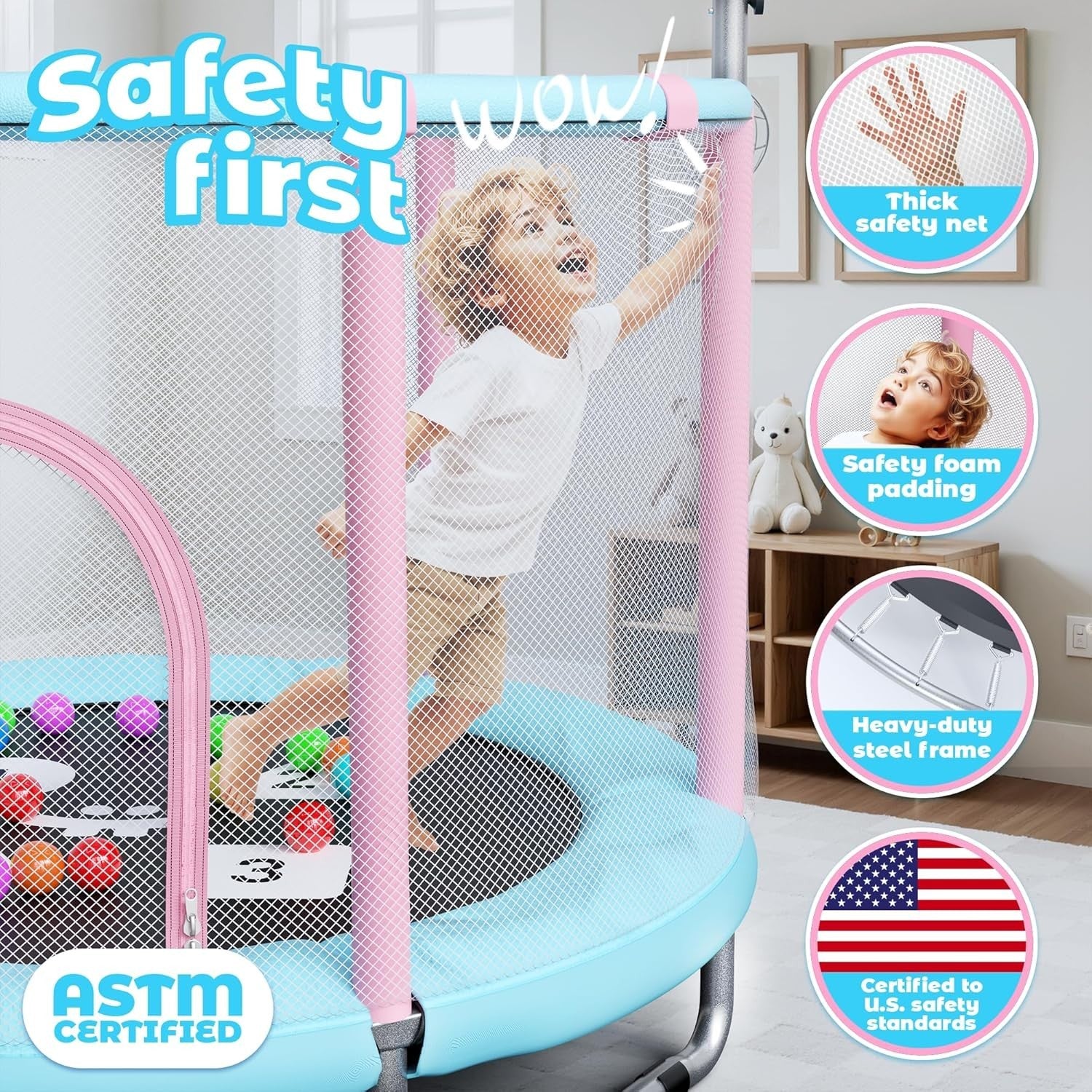 Toddler Indoor Outdoor Trampoline with Safety Enclosure 5FT Ages 1–6