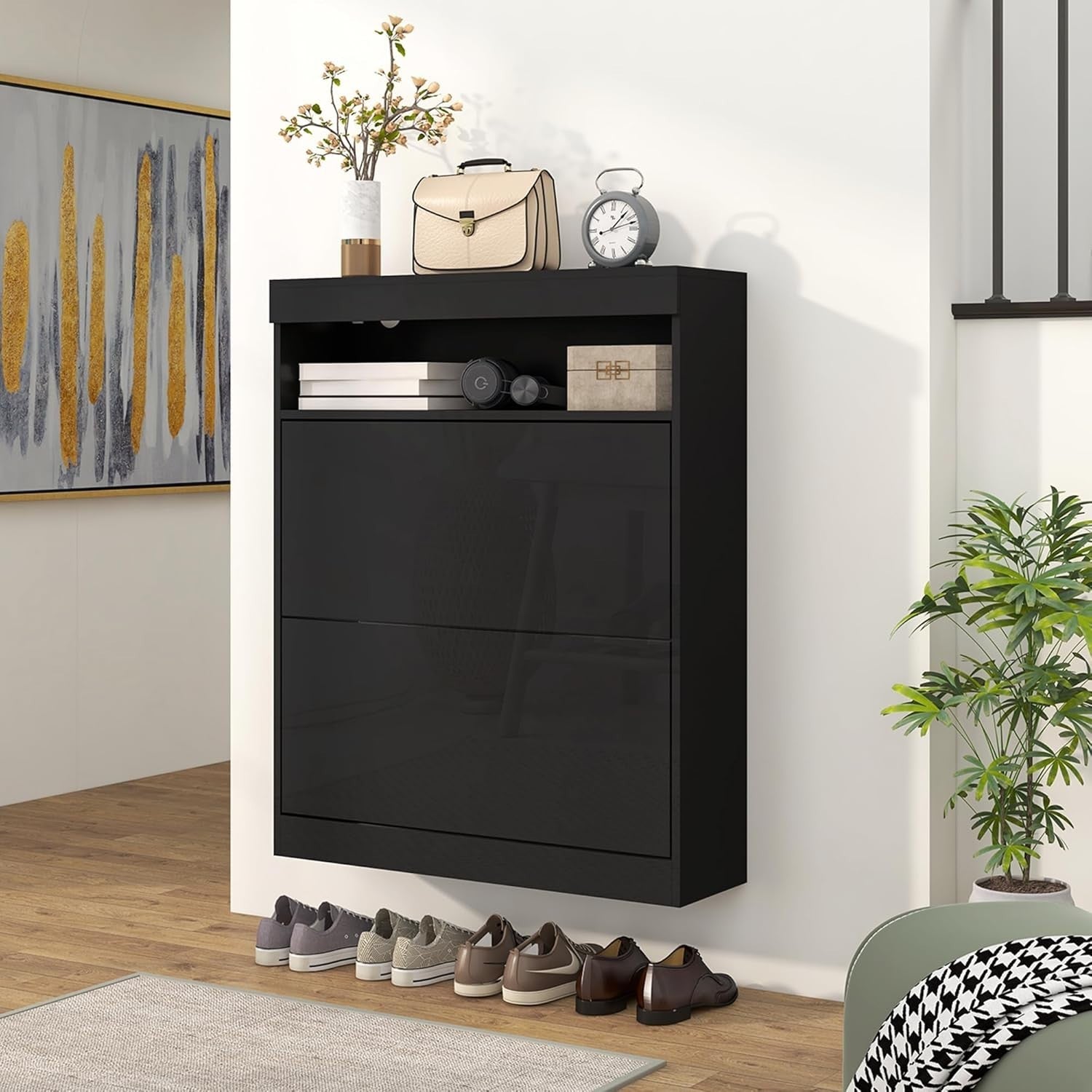 Modern Narrow Shoe Cabinet 12-16 Pair Storage with Flip Drawers & Shelf