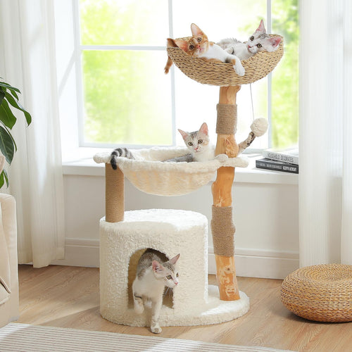 Luxury Wooden Cat Tree 40in Modern Tower with Wicker Basket Hammock Condo