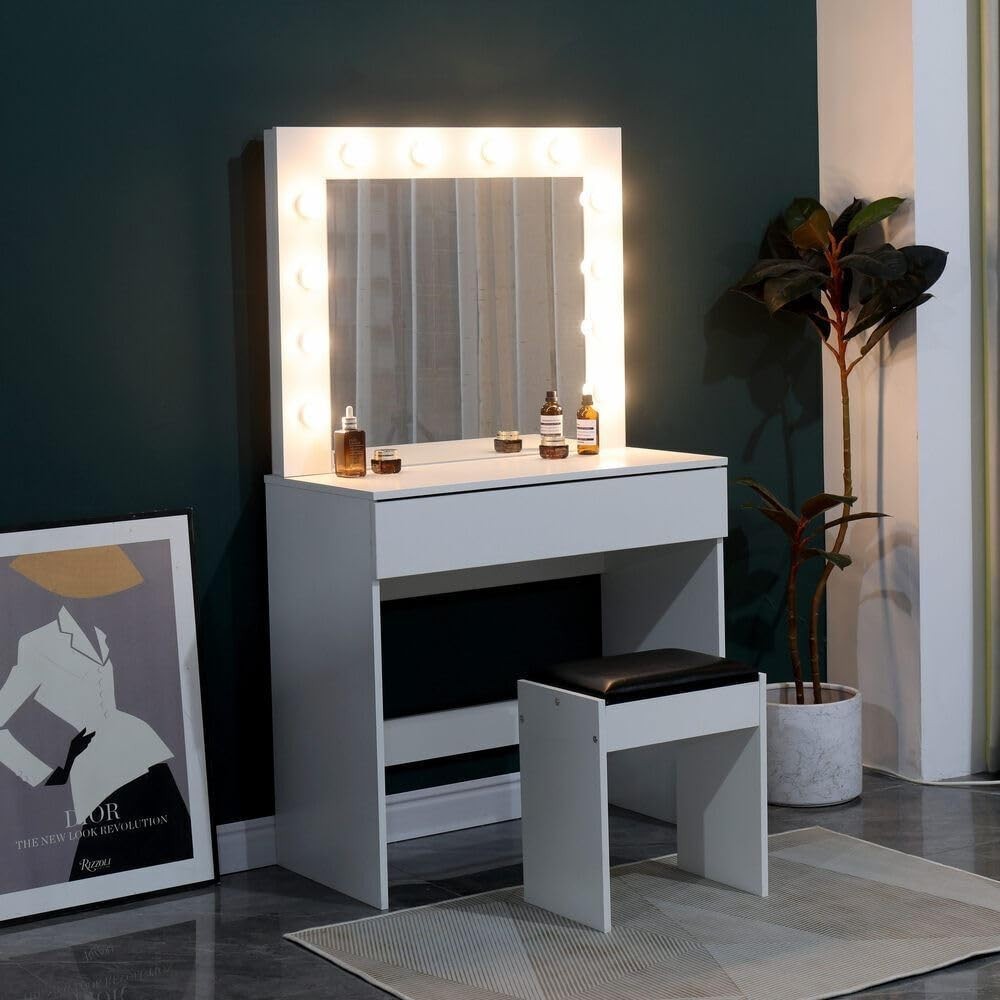White Modern Dressing Table Vanity Desk with LED Mirror & Tuck-Under Stool