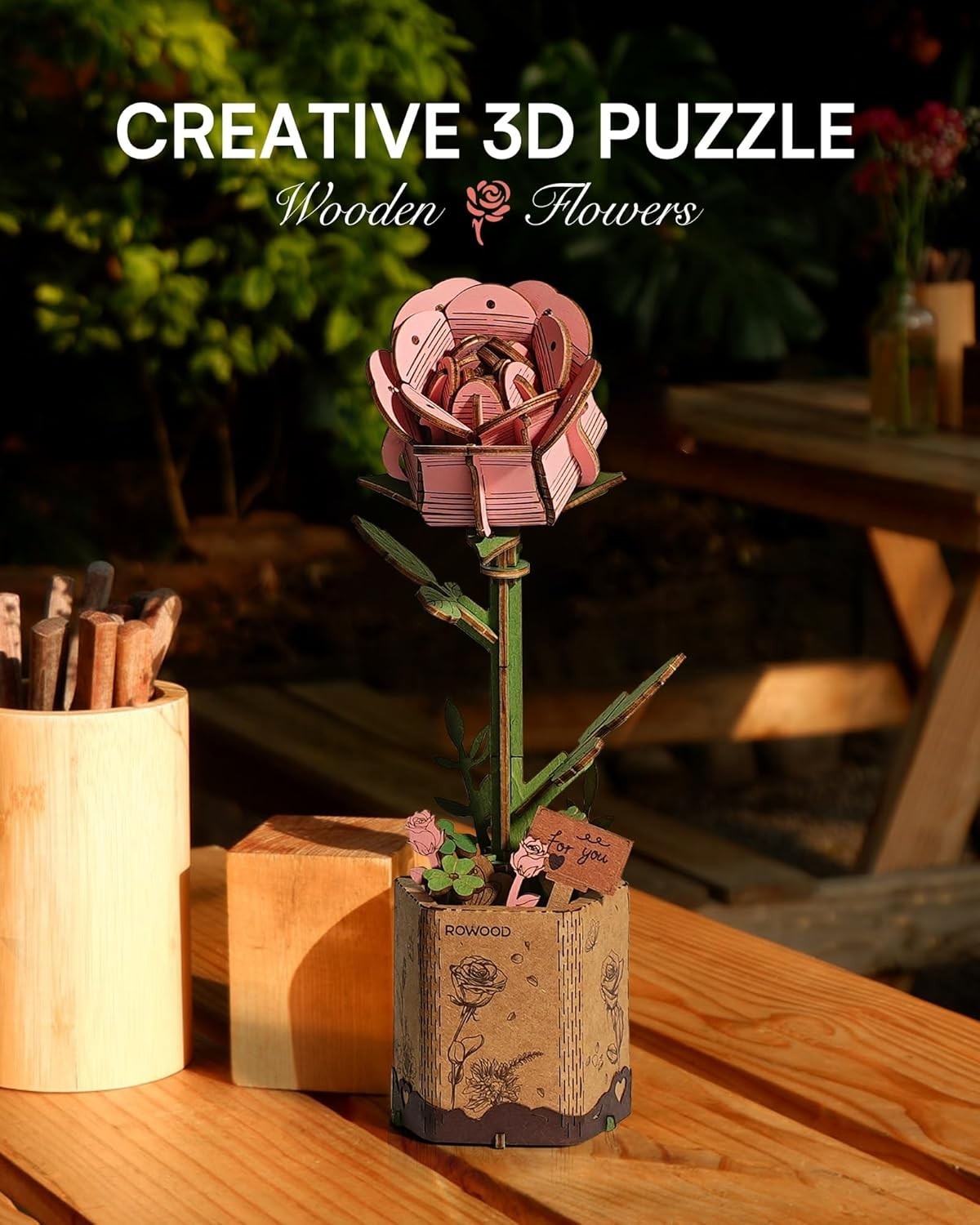 DIY 3D Wooden Pink Rose Flower Puzzle Kit – Unique Home Décor Gift