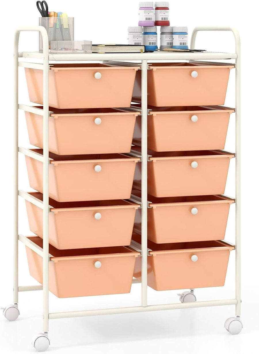 Peach 10 Drawer Rolling Storage Cart Utility Trolley Beauty Organizer