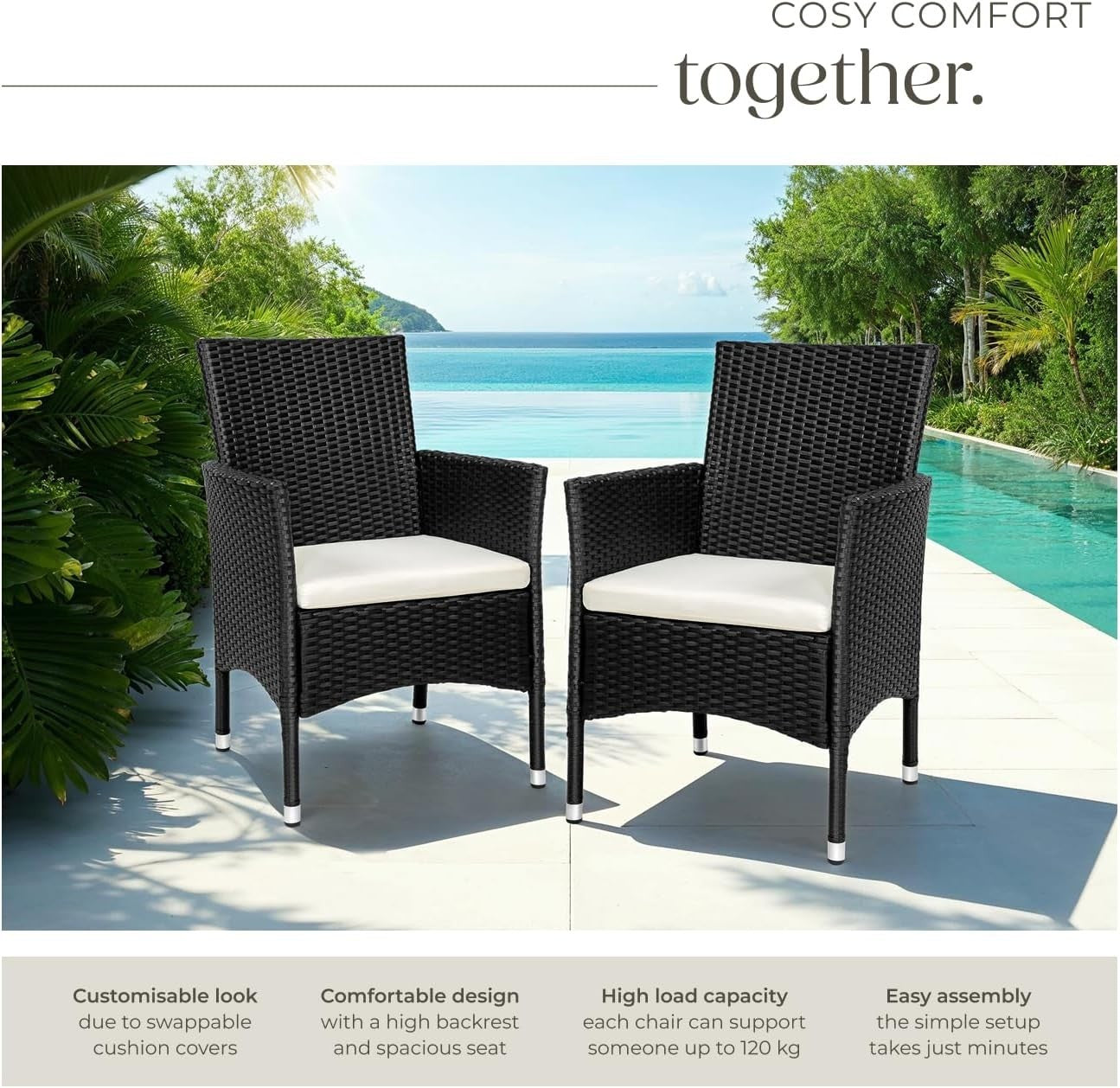 Set of 2 Rattan Garden Chairs with Cushions Patio Balcony Armchairs
