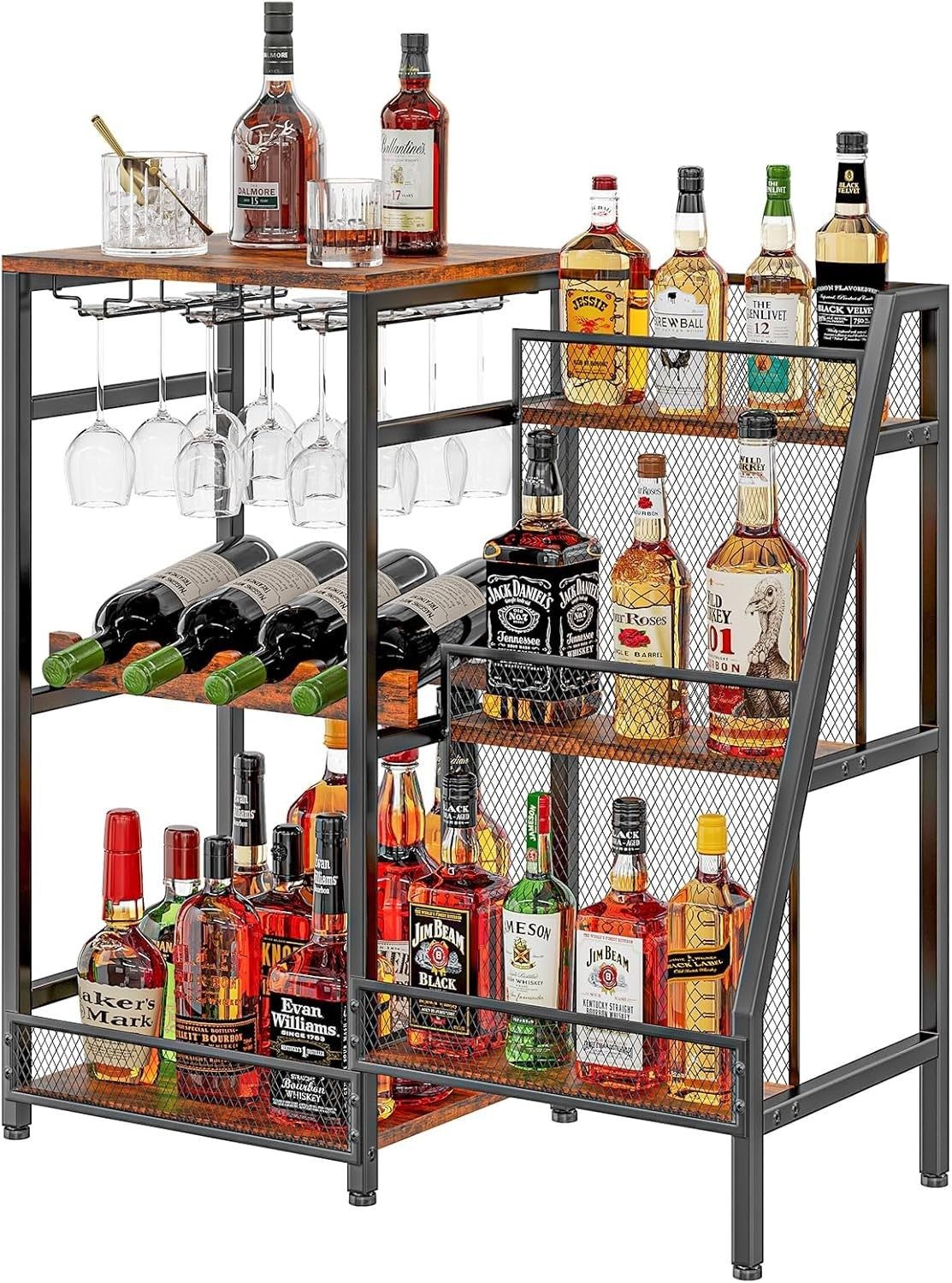 Freestanding Home Bar Liquor Rack with Glass Holder, 3-Tier Wine Display Shelf