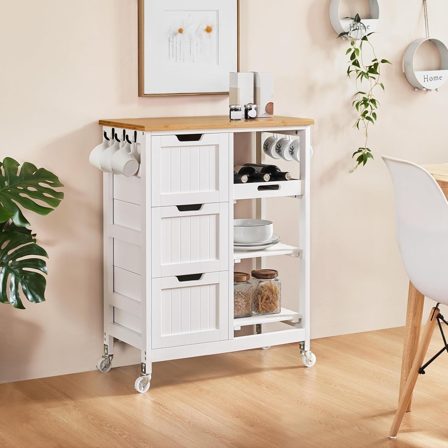 Kitchen Trolley on Wheels White 3 Drawers Island Cart