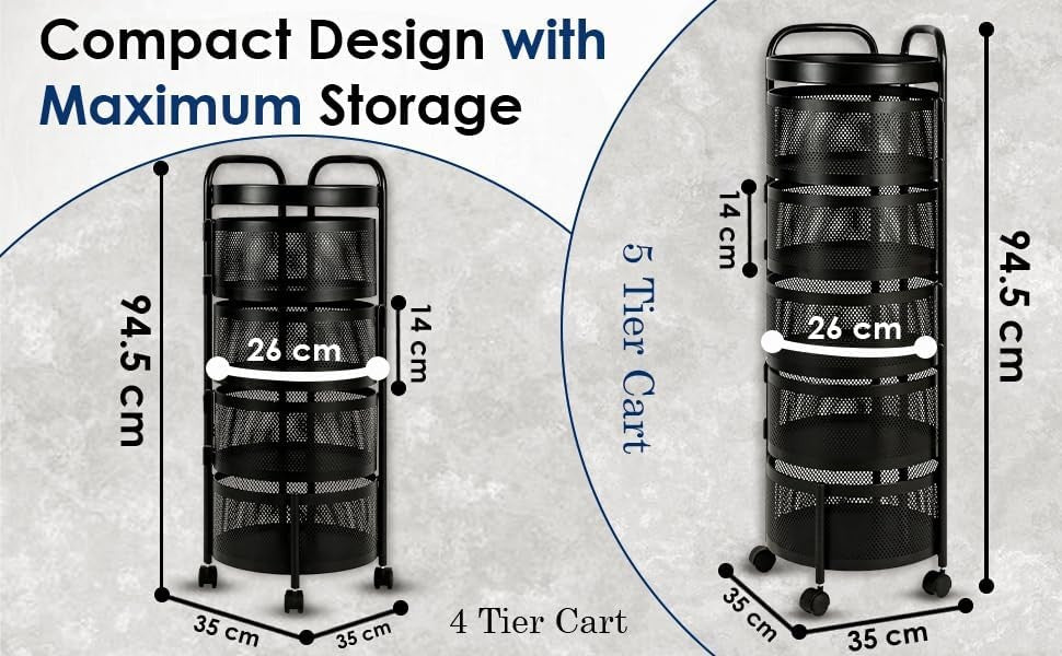 5 Tier Rotating Storage Trolley Round Cart with Wheels Kitchen Bathroom
