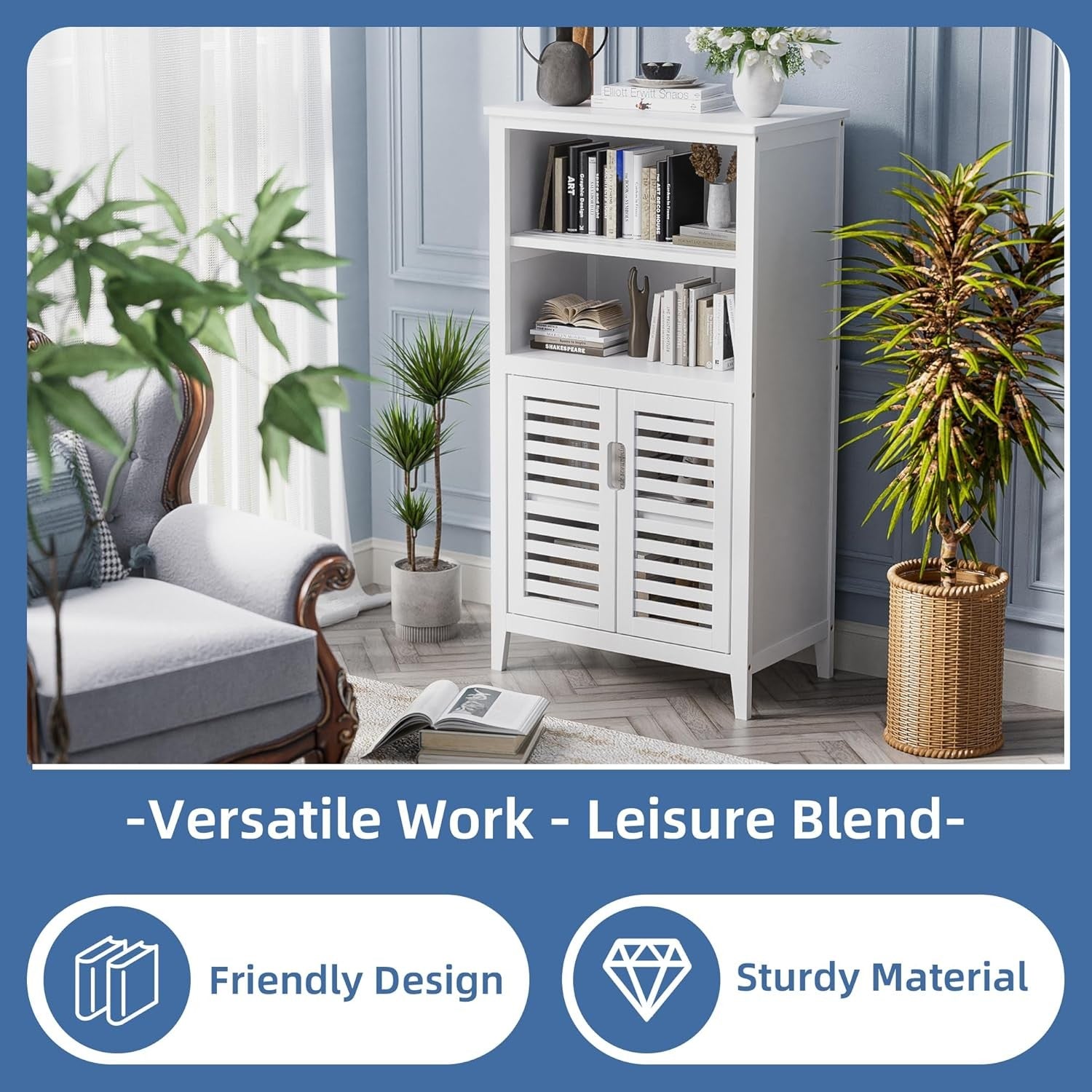 White Bamboo Storage Cabinet with Shutter Doors Adjustable Shelves