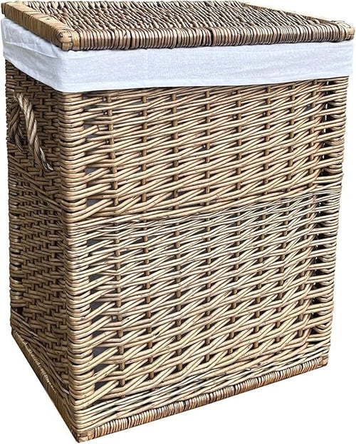 Large Wicker Laundry Basket with Lid & Removable Lining 40×28×60cm Light Grey