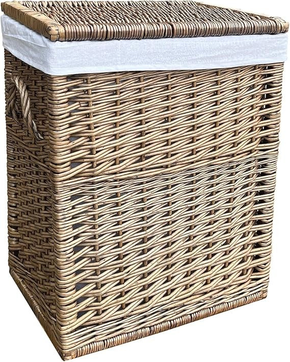 Large Wicker Laundry Basket with Lid & Removable Lining 40×28×60cm Light Grey