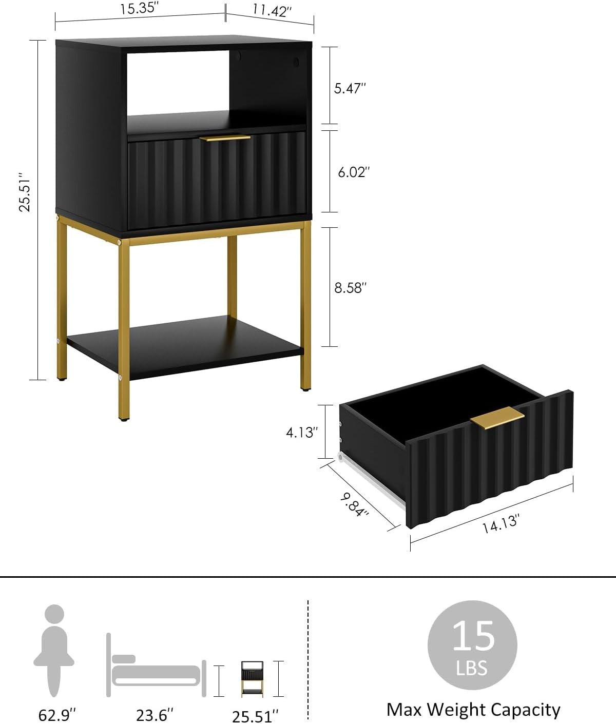 Modern Black Bedside Table with Gold Frame – 3-Tier Storage Nightstand