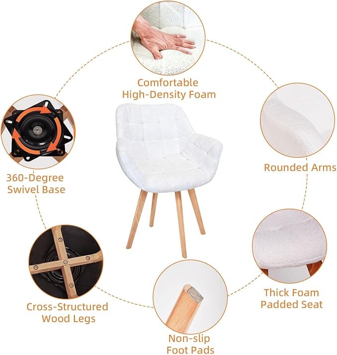 Boucle Swivel Accent Armchair Vanity Makeup Chair White Wood Legs
