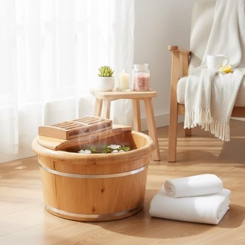 Wooden Foot Bath Bucket with Massage Roller Insulated Deep Soak Spa
