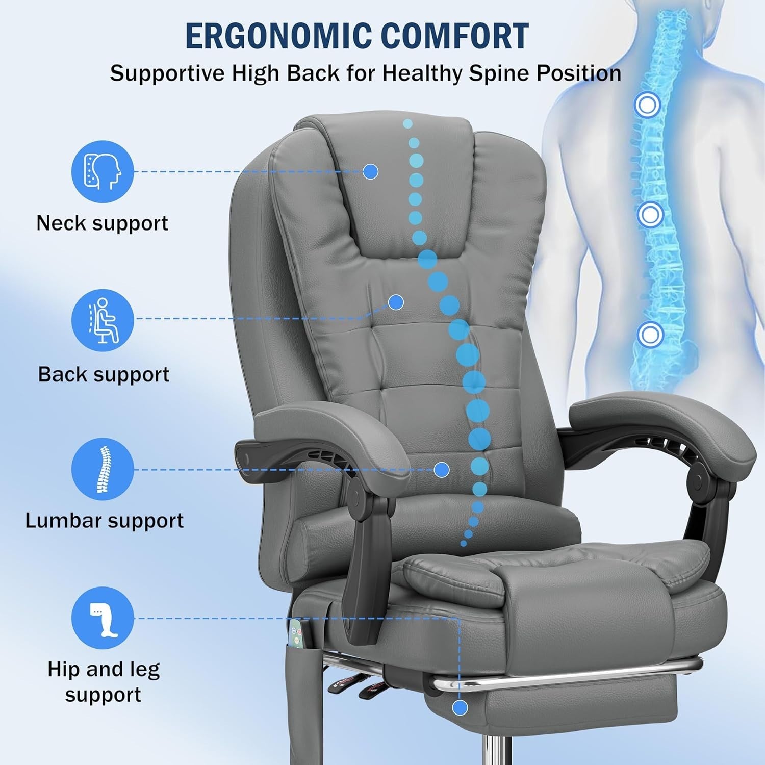 Ergonomic Massage Office Chair Recliner Footrest Gaming Desk Seat Grey