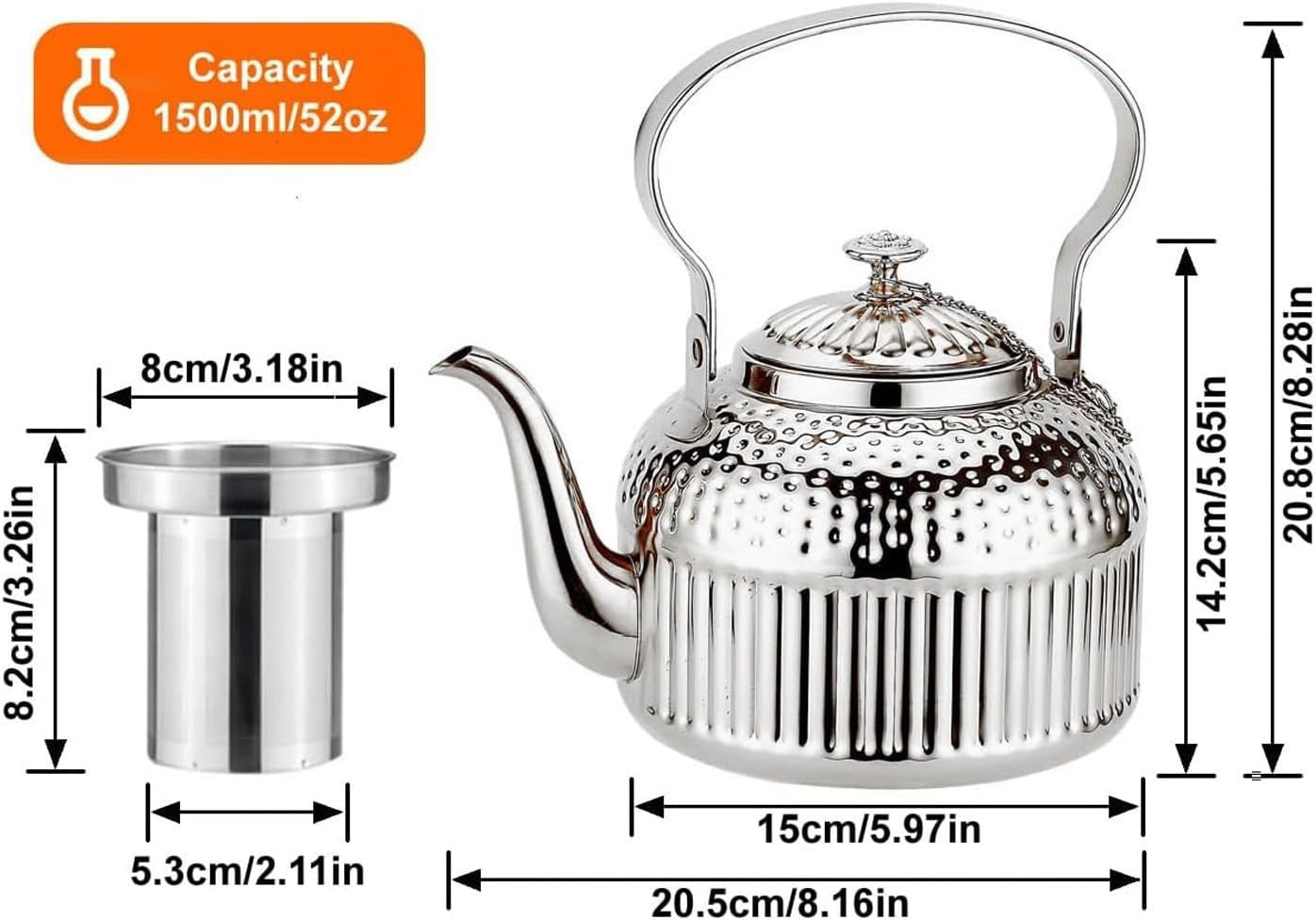 Stainless Steel Teapot with Infuser 1.5L Loose Leaf Tea Pot 6-8 Cups