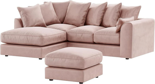 Velvet Pink L Shape Corner Sofa – 4 Seater Scatter Back Couch Left Hand