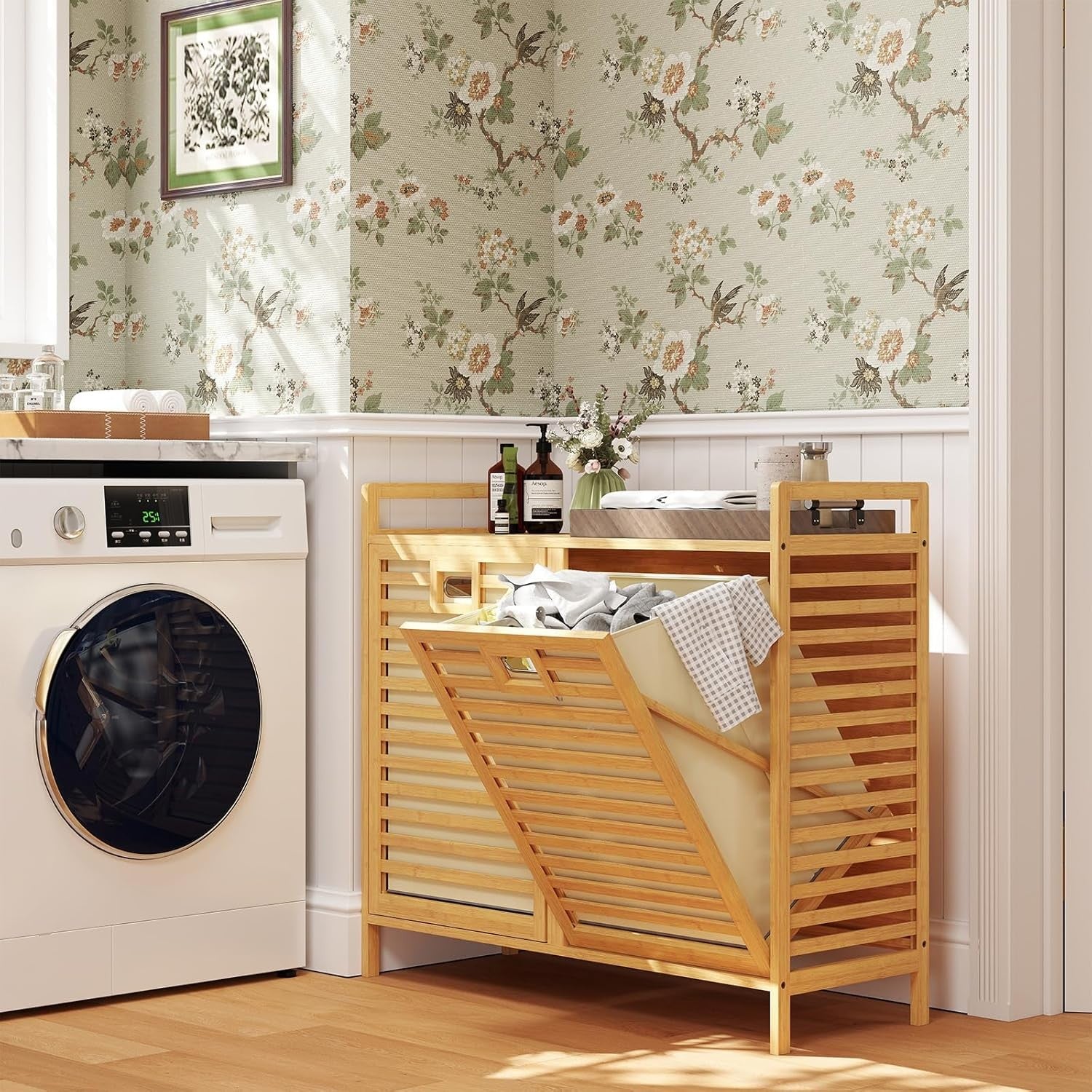 75L Bamboo Double Tilt-Out Laundry Hamper With Shelf Removable Bags Unit