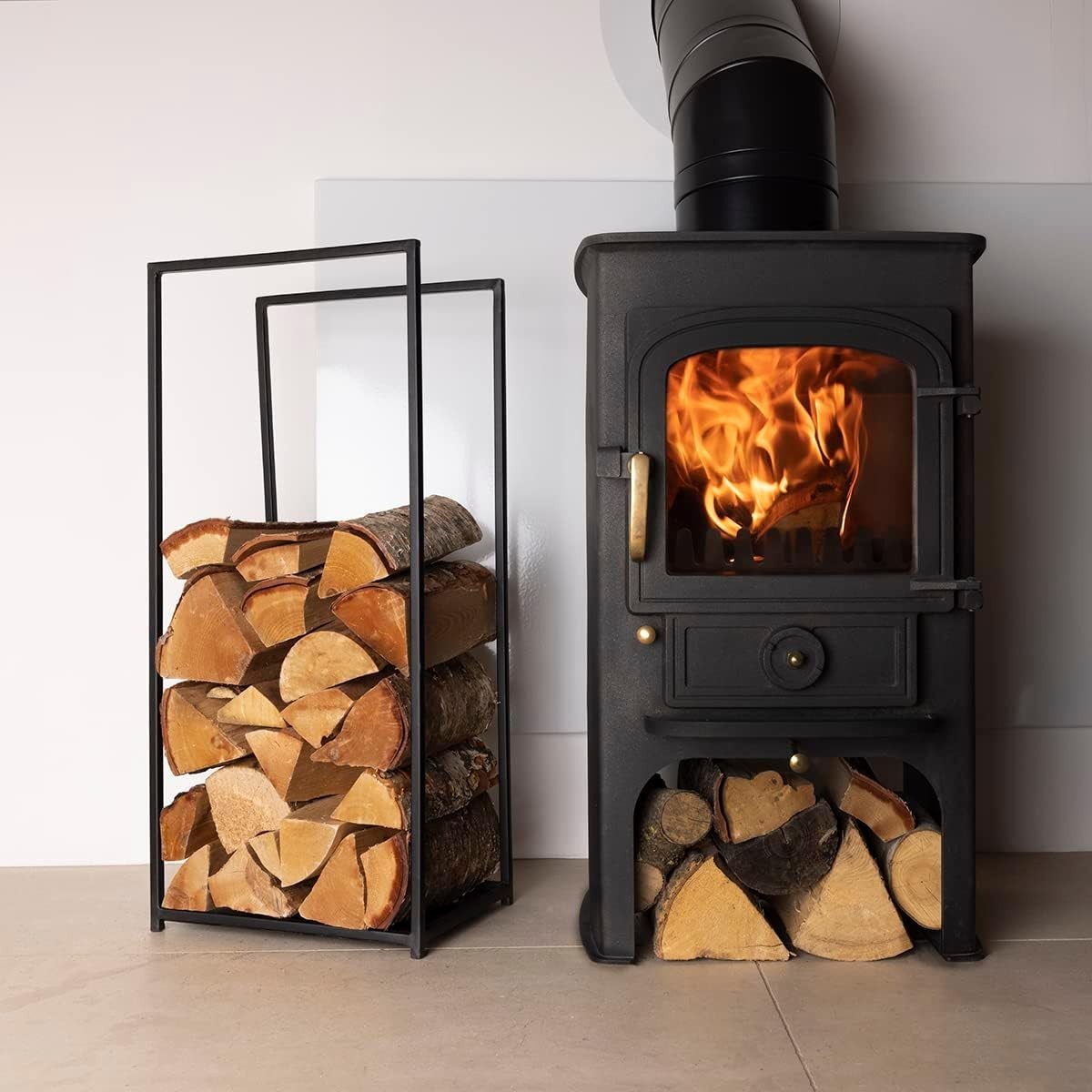 High Capacity Black Matte Iron Log Holder with Solid Base, 10kg Storage
