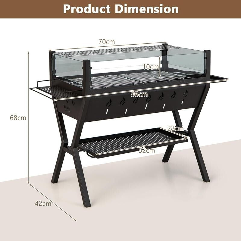 2-in-1 BBQ Grill & Fire Pit with Glass Shield, Shelf, Gloves, Racks
