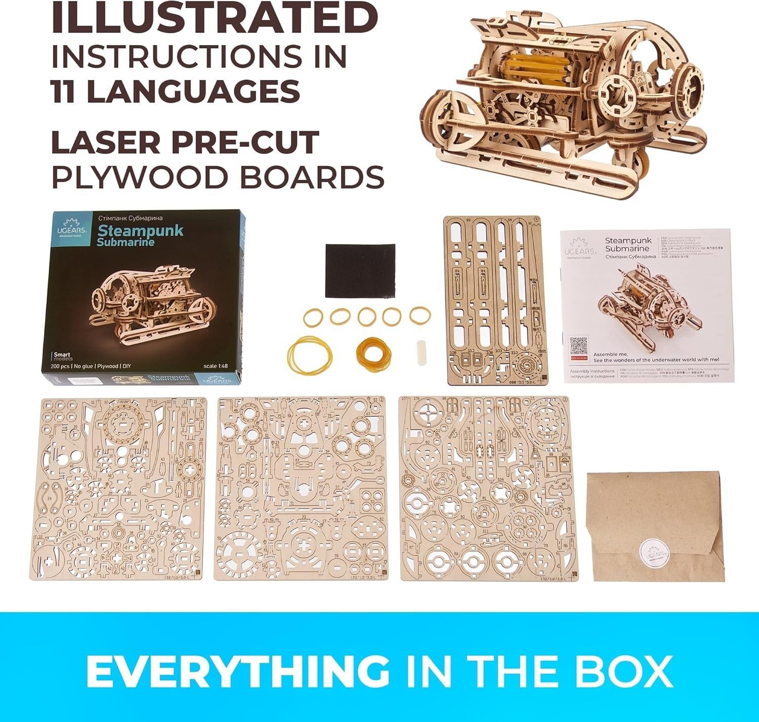 3D Wooden Steampunk Submarine Puzzle Model - Mechanical Brain Teaser Kit